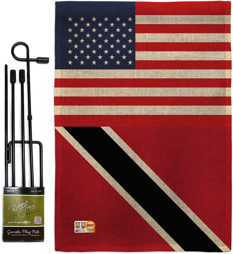 Trindad & Tobago US Friendship Burlap Garden Flag Set with Stand Regional Nation International World Country Particular Area Small Decorative Gift Yard House Banner Double-Sided Made In USA 13 X 18.5