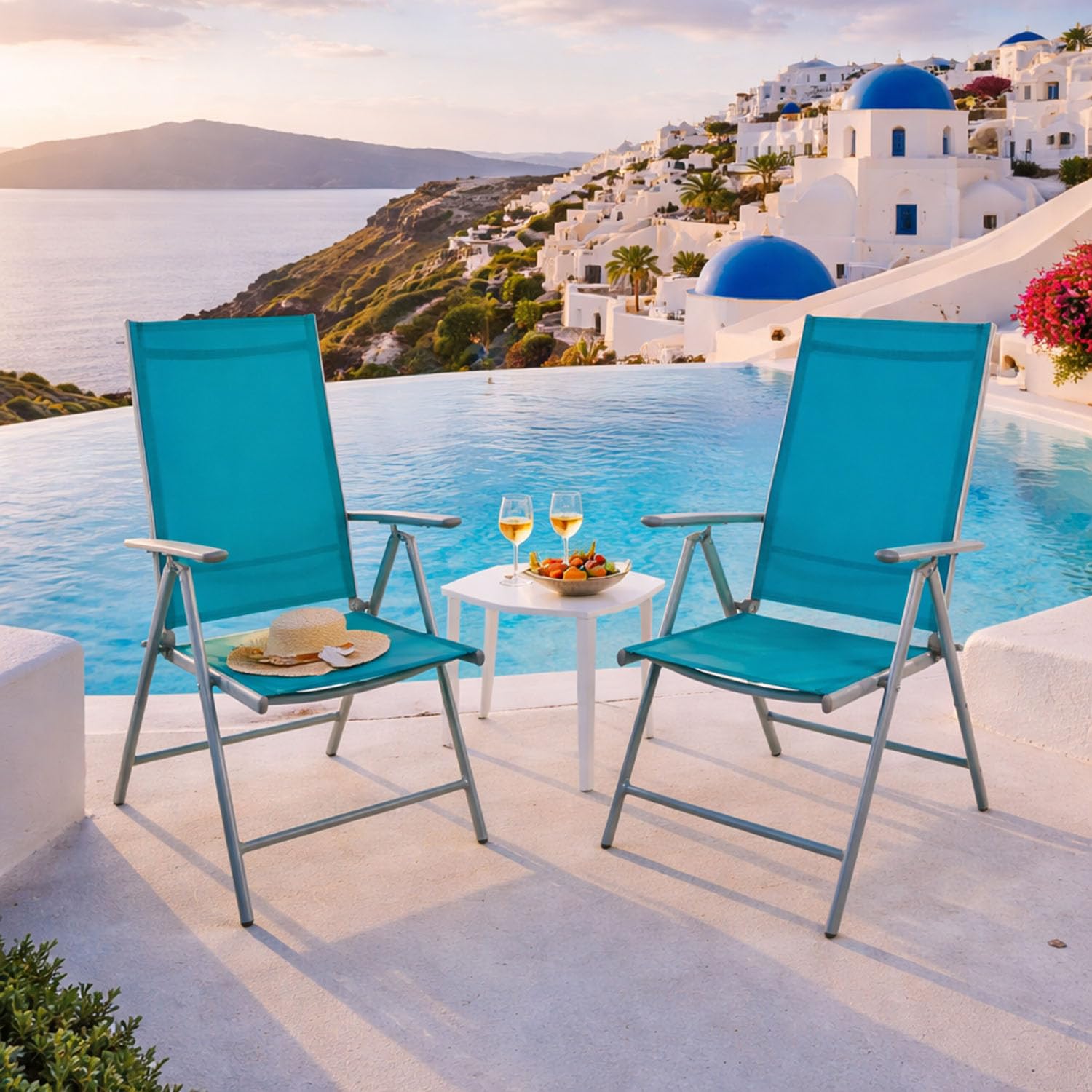 Mojawo Lot de 2 chaises de jardin à dossier haut réglable en 7 positions - Pliantes - En aluminium résistant aux intempéries - Argenté/bleu pétrole