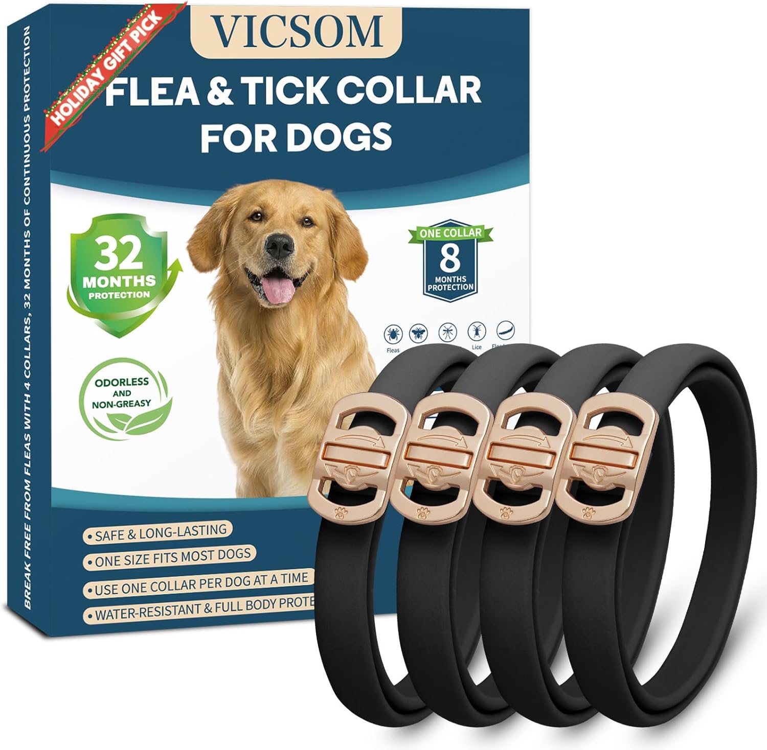 Flea and Tick Collar for Dogs 4 Pack, 32 Months Prevention, Waterproof, Adjustable for Small Medium Large Dogs Puppies (Black) ClimeCo Certified