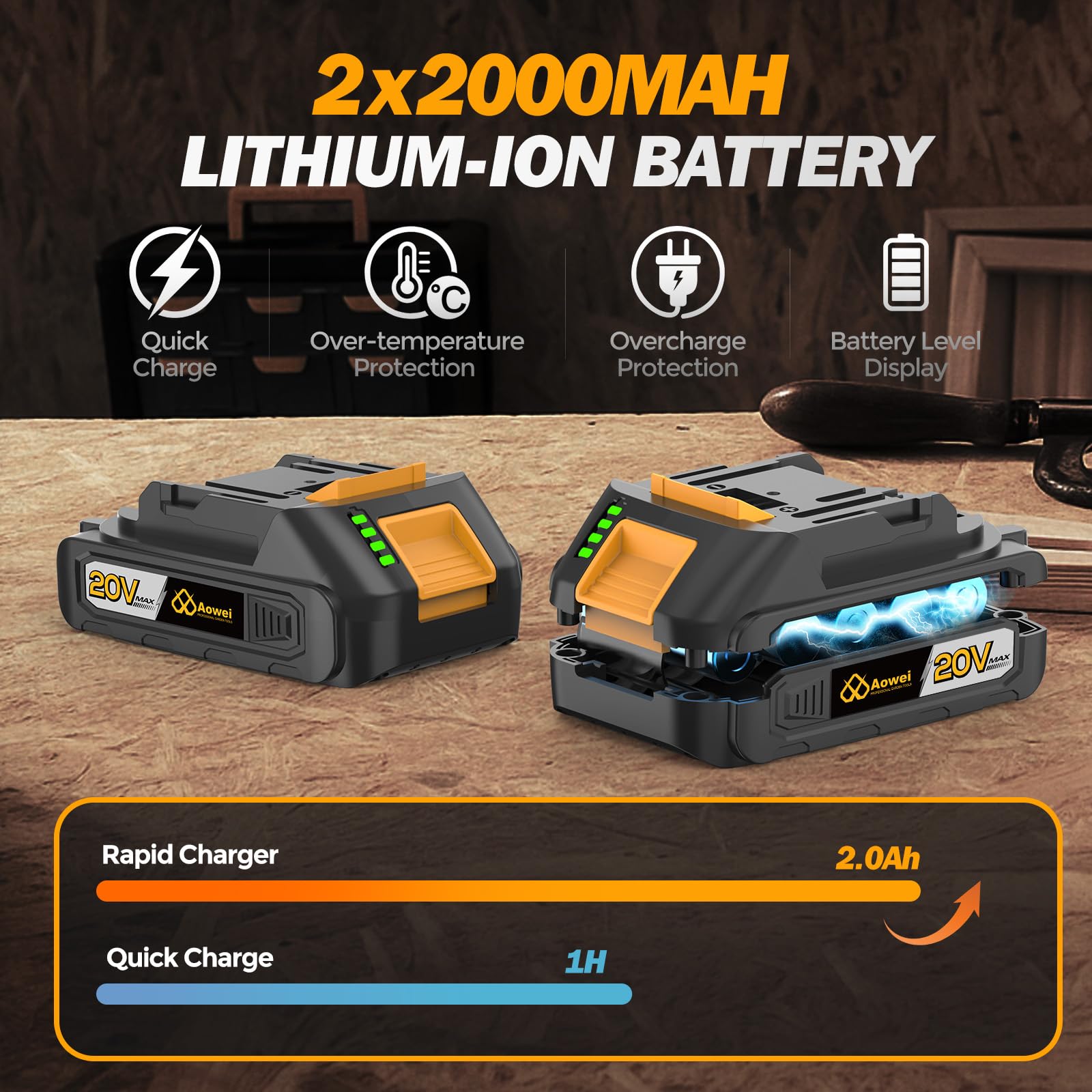 Kit trapano e cacciavite senza fili da 20 V con 2 batterie, coppia massima 40 Nm, cambio a 2 velocità, mandrino senza chiave da 3/8" e luce a LED per progetti fai da te domestici, set di trapano senza