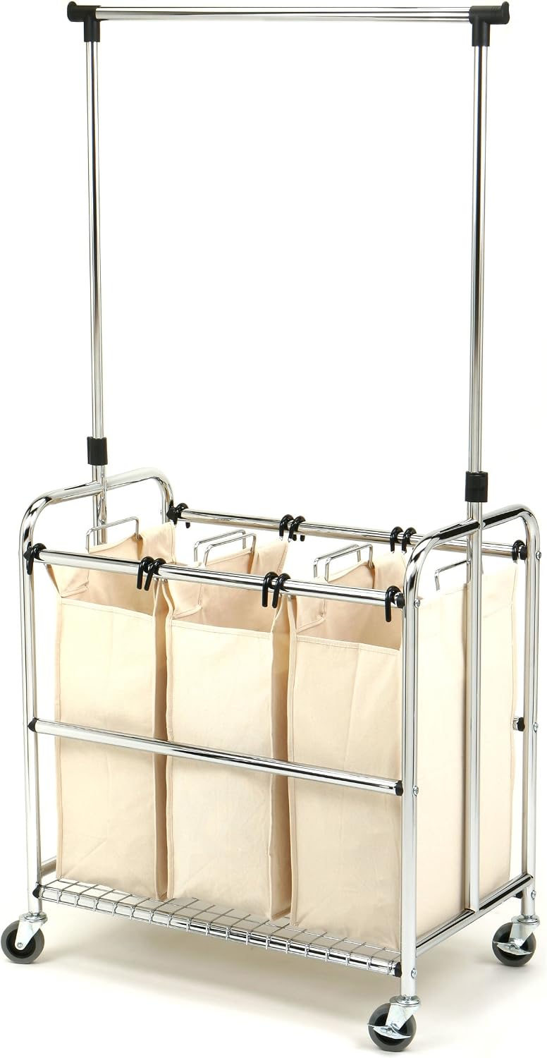 Seville Classics Mobile 3-Bag Reinforced Heavy-Duty Laundry Hamper Sorter Cart /w Clothes Rack