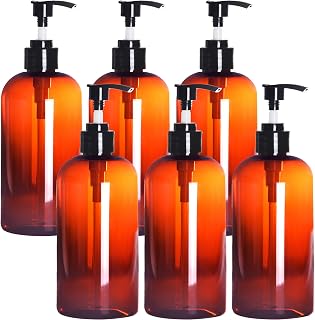 6 Pack Amber Plastic Pump Bottles, Refillable Plastic Pump Bottles for Dispensing Lotions, Shampoos, Hand Sanitizer and More (12 Ounce)