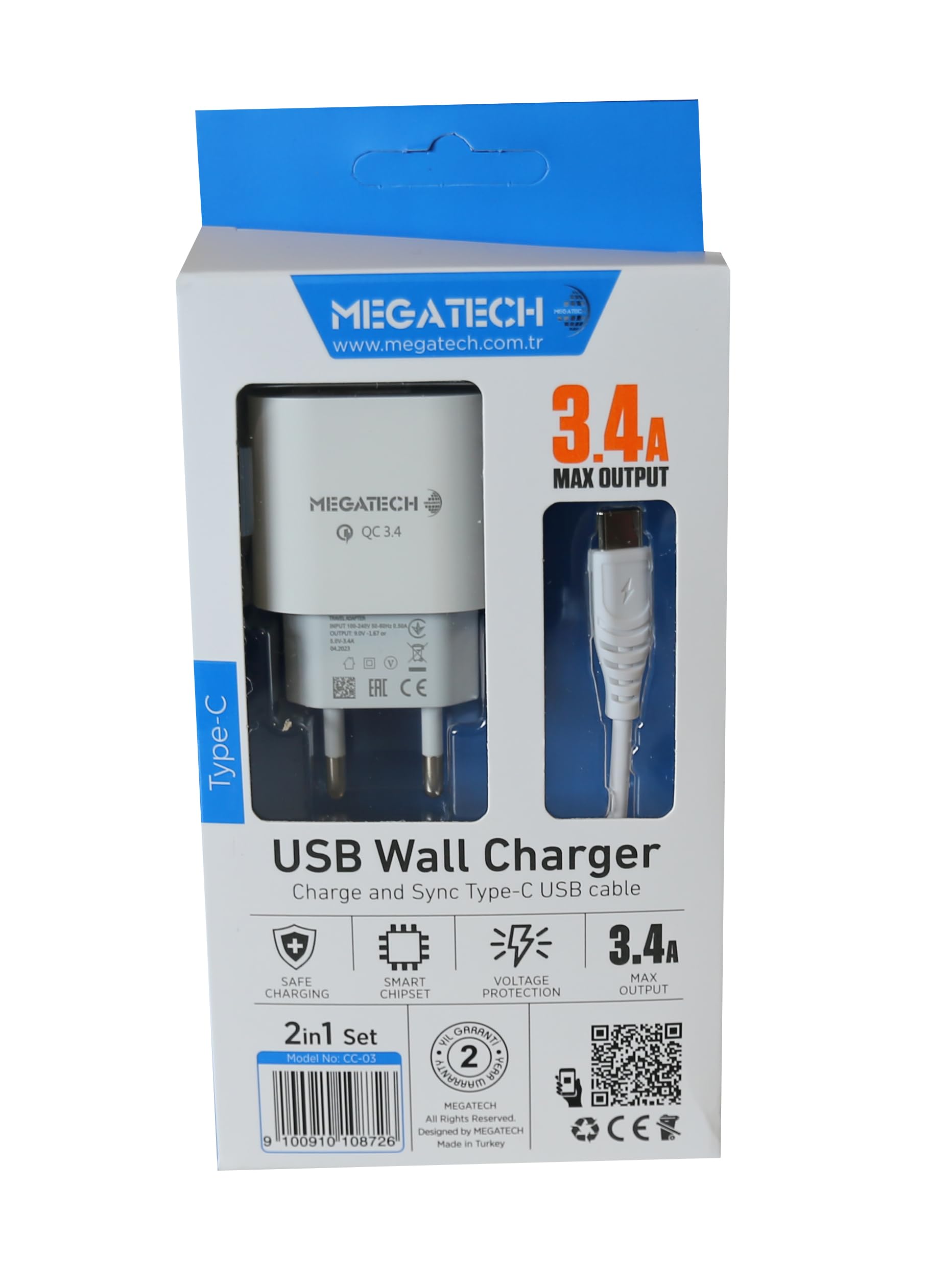 Megatech CC-03 - Cavo USB 3.4A Type-C + adattatore Home Charger ricarica rapida