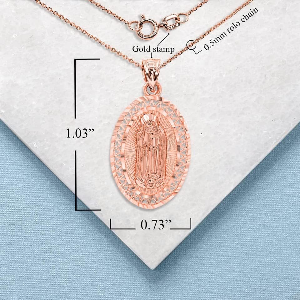 Solid 14K Rose Gold Our Lady of Guadalupe Miraculous Immaculate Conception Oval Medal Pendant Necklace - Choice of Pendant Only or Chain Length