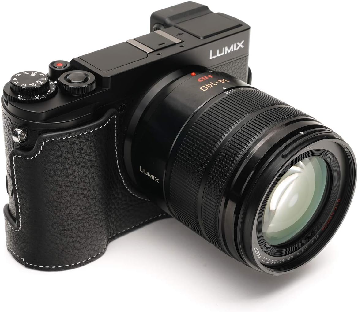 Lumix DC-GX9 Camera Case, BolinUS Handmade Genuine Real Leather Half Camera Case Bag Cover for Panasonic Lumix DC-GX9 GX9 Camera Bottom Opening Version + Hand Strap -Black