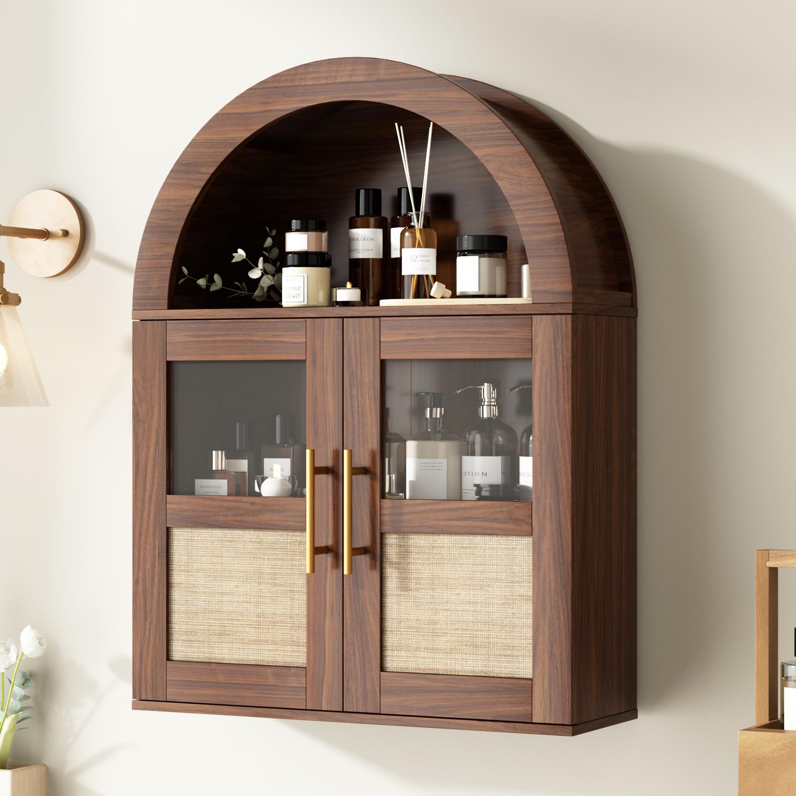 Photo 1 of RUSTOWN Arched Bathroom Wall Cabinet, Rattan Medicine Cabinet with 2 Glass Doors, Farmhouse Over the Toilet Storage Cabinets with Adjustable Shelves, 3-Tier Wall Mounted Cabinets