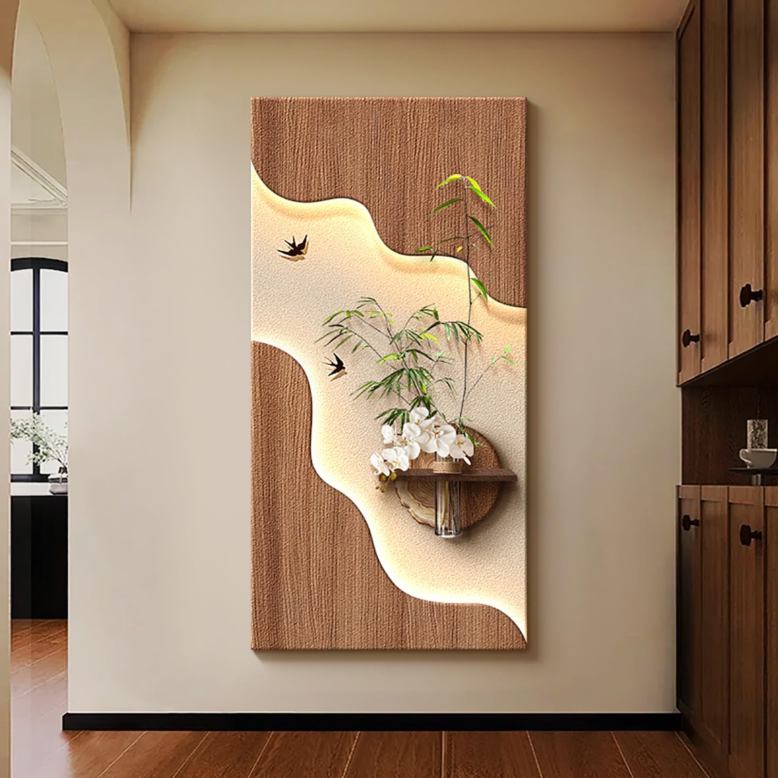 AZQOHMIS LED Illuminated Sandstone Wall Art with Vase and Plant, 3D Decorative Sculpture for Living Room, Entryway, Office, Hotel