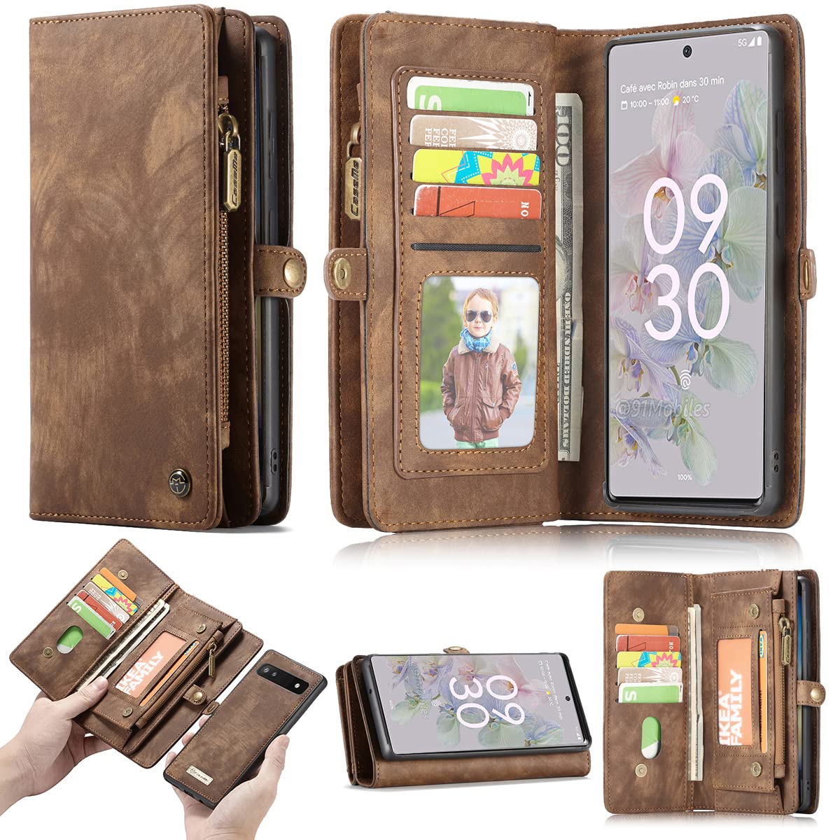 SimicooGoogle Pixel 9 Pro XL Leather Detachable Wallet Zipper Case with 11 Card Slots Holder Magnetic Case for Pixel 9 Pro XL Flip Wallet Handle Wrist Strap Man Woman Pocket Handbag (Brown)