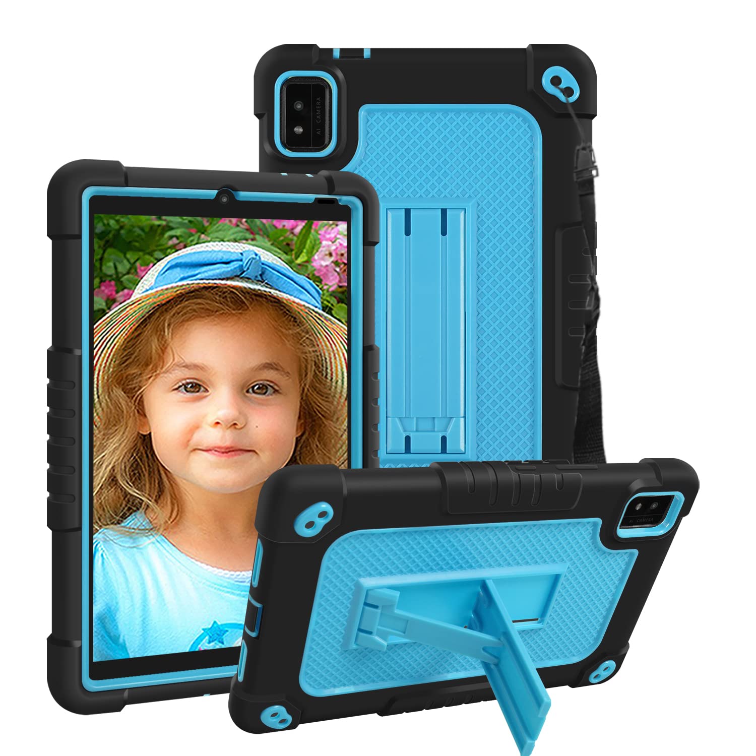 Mignova for MOXEE Tablet 2 8 inch Case Heavy Protective Shockproof for MOXEE Tablet 8" Model MT-T8B22 2022 Silicone Hard Back Shell Kids Friendly Case Built in Kickstand Shoulder Strap - Black+Blue