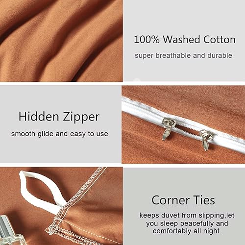 Miniatura 6 de Nayoroom Juego de funda de edredón de color naranja quemado, tamaño King, 100% algodón lavado, caramelo, calabaza, óxido, juego de ropa de cama de 3