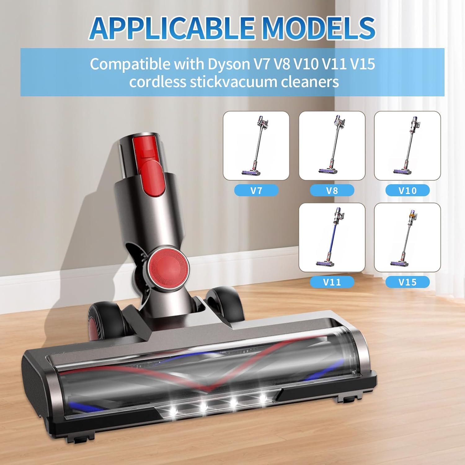 Spazzola Compatibile con Dyson V7 V8 V10 V11 V15 per Aspirapolvere, Ricambio Spazzola per Dyson Accessori con 4 Testine LED e 2 Rulli di Ricambio