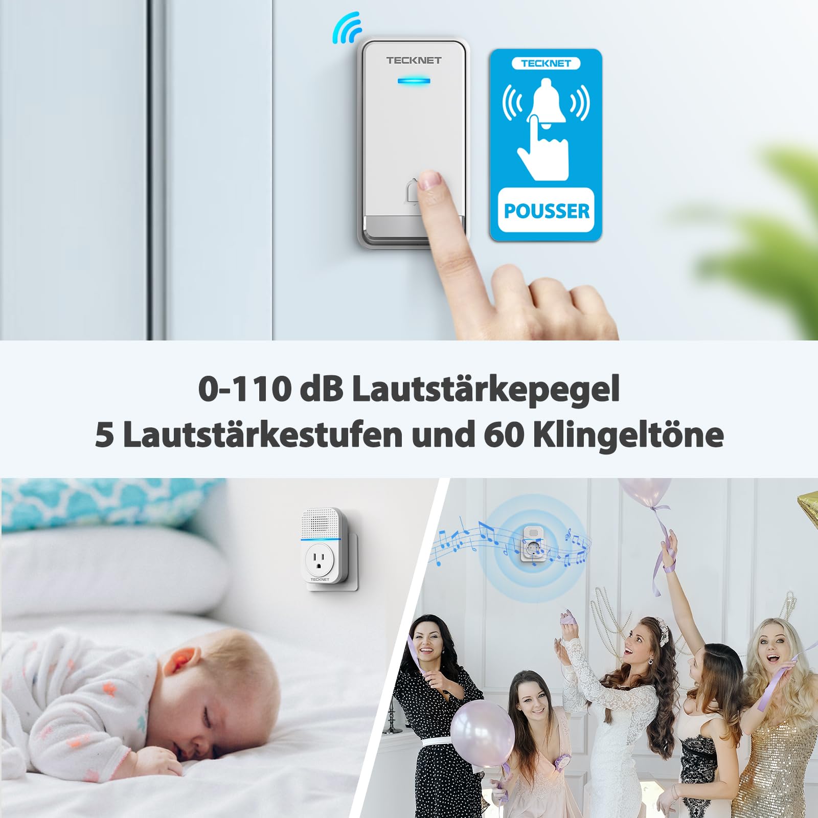TECKNET Bezprzewodowy Dzwonek do Drzwi, Wodoodporny Zestaw Wtyczki Dzwonka do Drzwi IP65, Zasięg Odbioru 400m, Samozasilający się Dzwonek do Drzwi60 Melodii i 5 Poziomów Regulacji Głośności, Biały