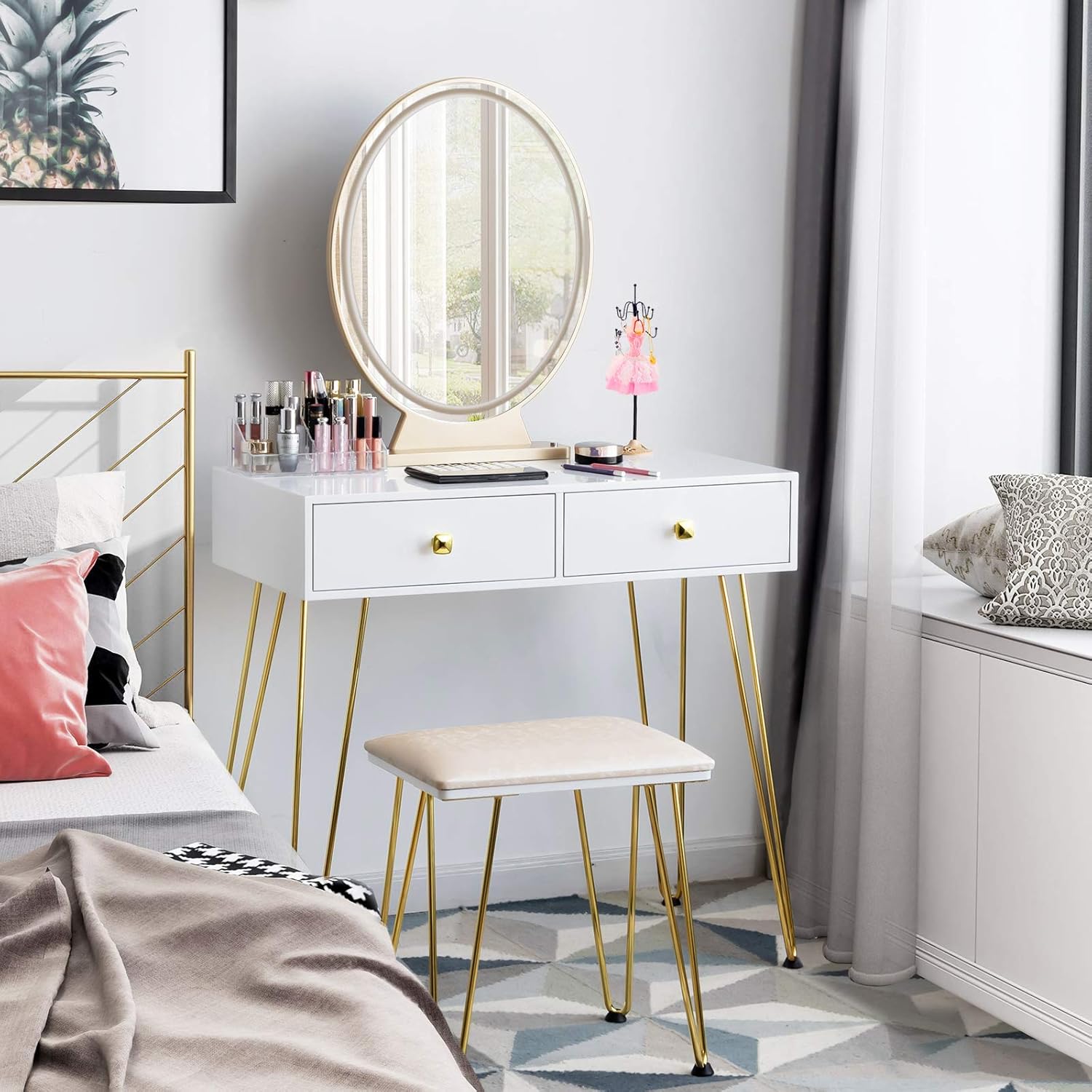 LDAILY Makeup Vanity Desk with Mirror and Lights, Vanity Table with 3 Modes Adjustable Lighted Mirror, Stool and 2 Drawers, Modern Makeup Desk for Small Space, Ideal Gifts for Girls (White)