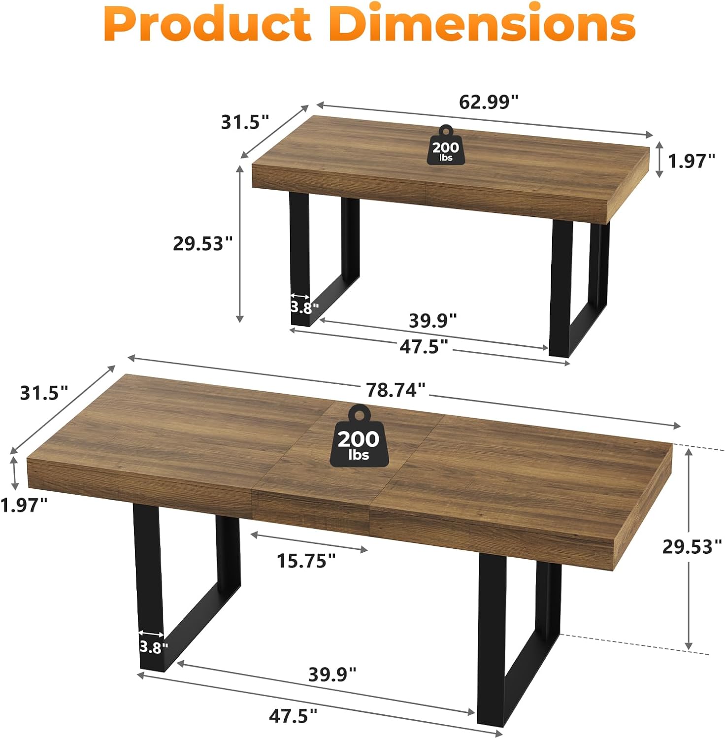 Zevemomo 63"-78.7" Expandable Dining Table, 6-8 Extendable Dining Table, Rectangle Conference Table, Farmhouse Kitchen Table with Slide Track, Tapered U-Shaped Wood Legs for Office, Living Room-Brown