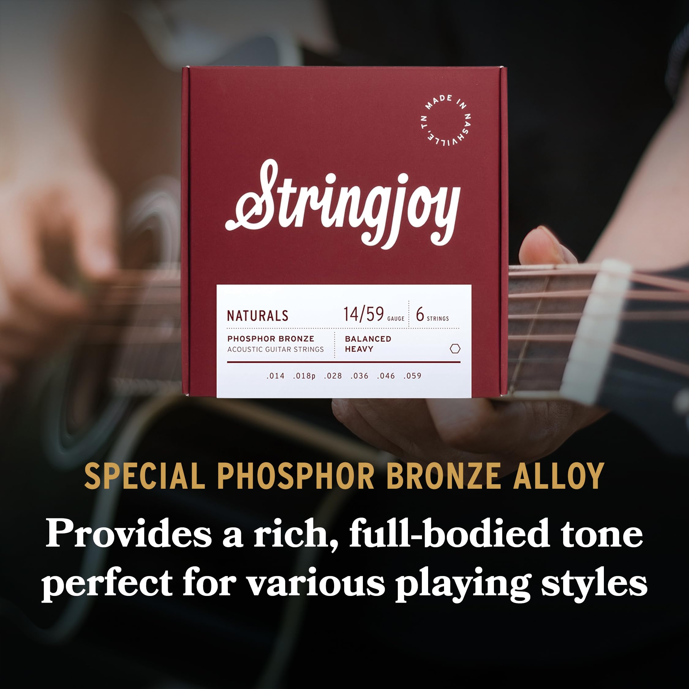 Stringjoy Balanced Heavy Gauge Naturals Phosphor Bronze Akustikgitarrensaiten 14–59, NB1459, langanhaltender, klarer und schimmernder Ton, 6 Saiten, 2 Stück