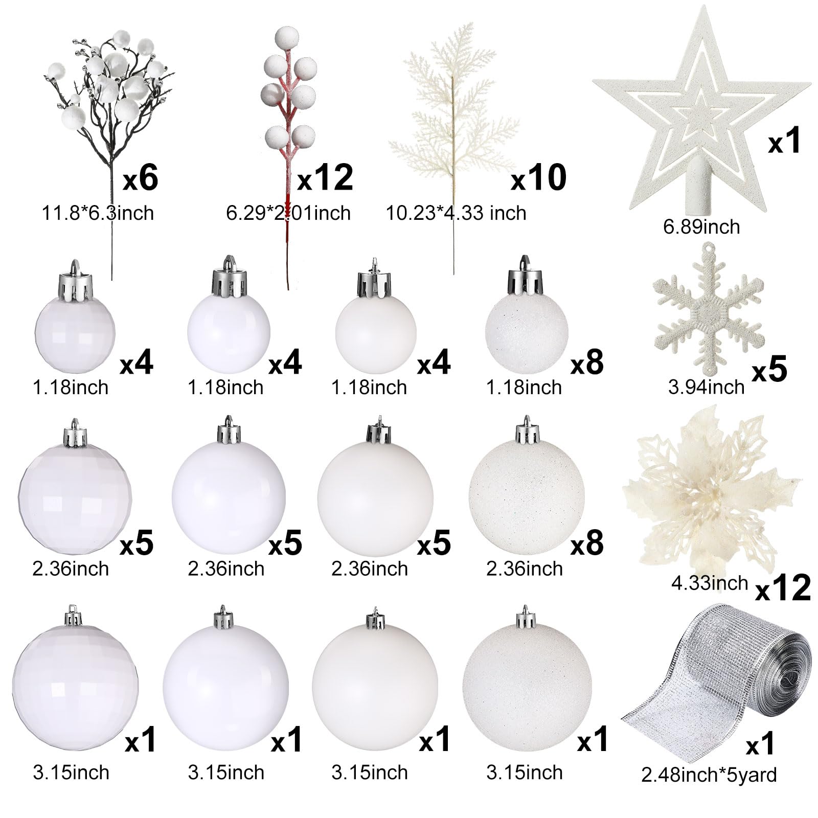 Lot de 94 décorations de sapin de Noël comprenant des boules de Noël à paillettes - Fleurs poinsettia à paillettes - Baies et tiges pour Noël, vacances, mariage (blanc)