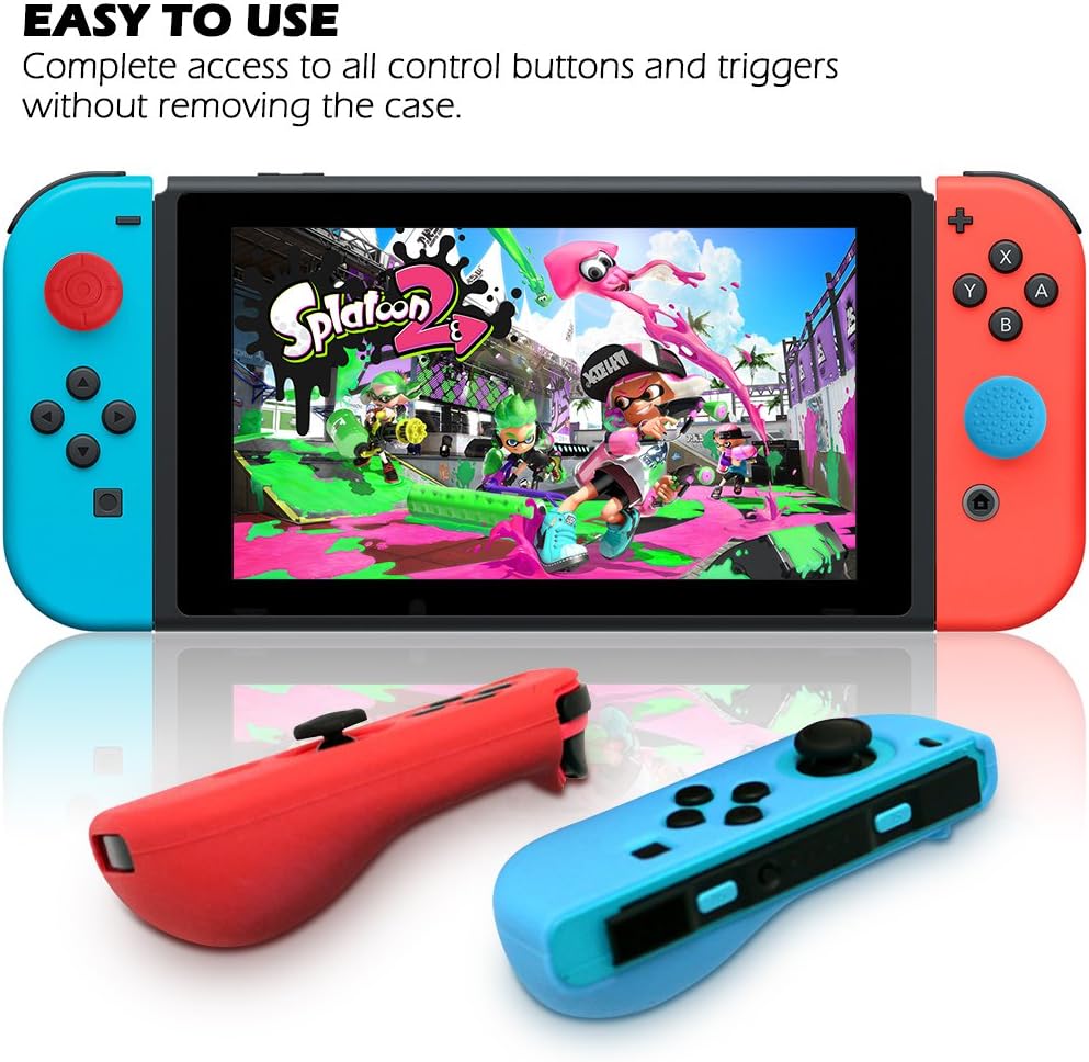 Protective Case Compatible with Nintendo Switch Joy-Con Controller with Thumb Caps, SENHAI 2 Pack Anti-Slip Silicone Grips Covers with 16 Thumb Stick Pads - Black, Blue + Red - Image 5