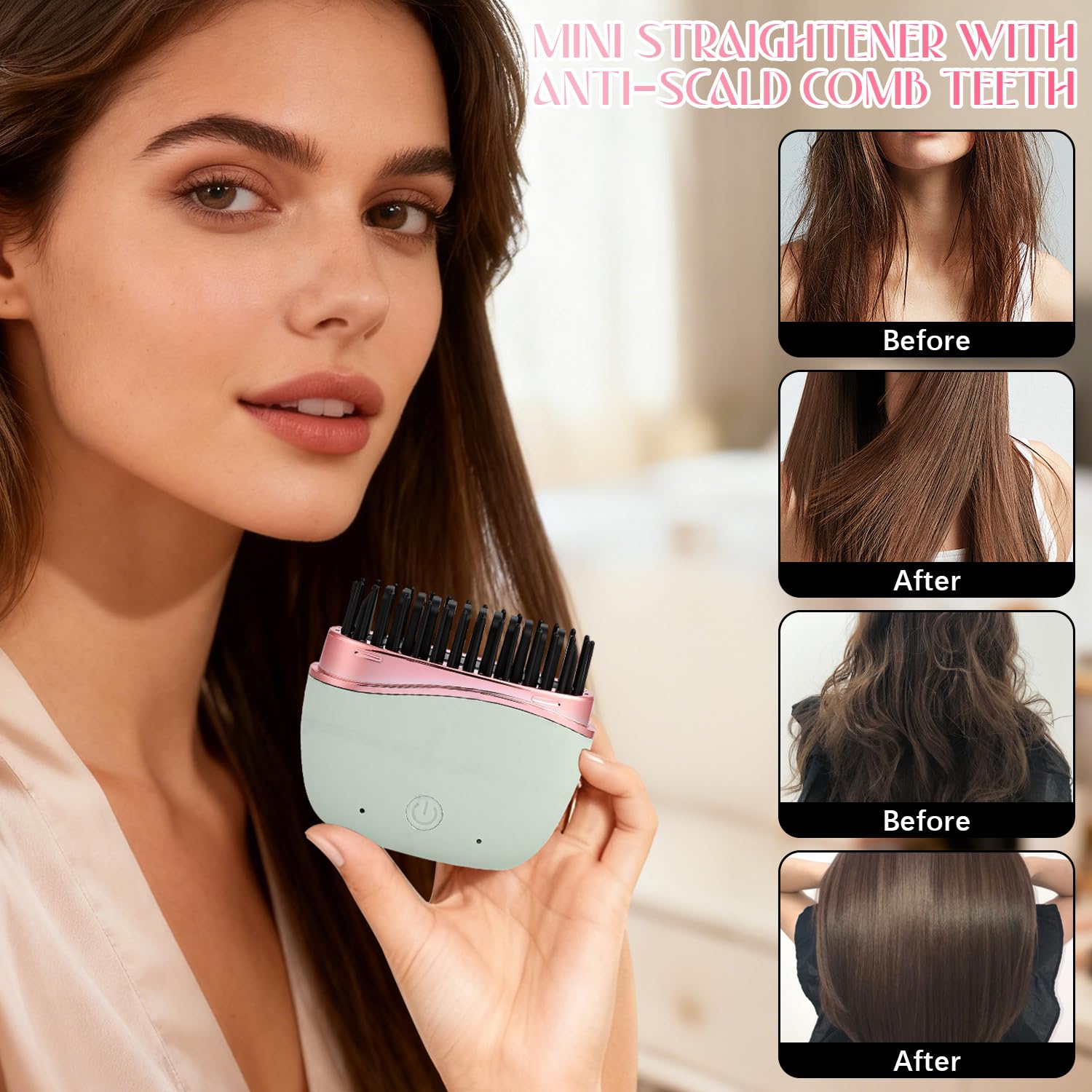 Mini Glätteisen, Mini Haarglätter für Frauen, Neue Tragbare Kabellose Wiederaufladbare Bürste, Schnelle Wärme mit Drei Temperaturreglern, Hitzebeständiger Reisekamm (Weiß)