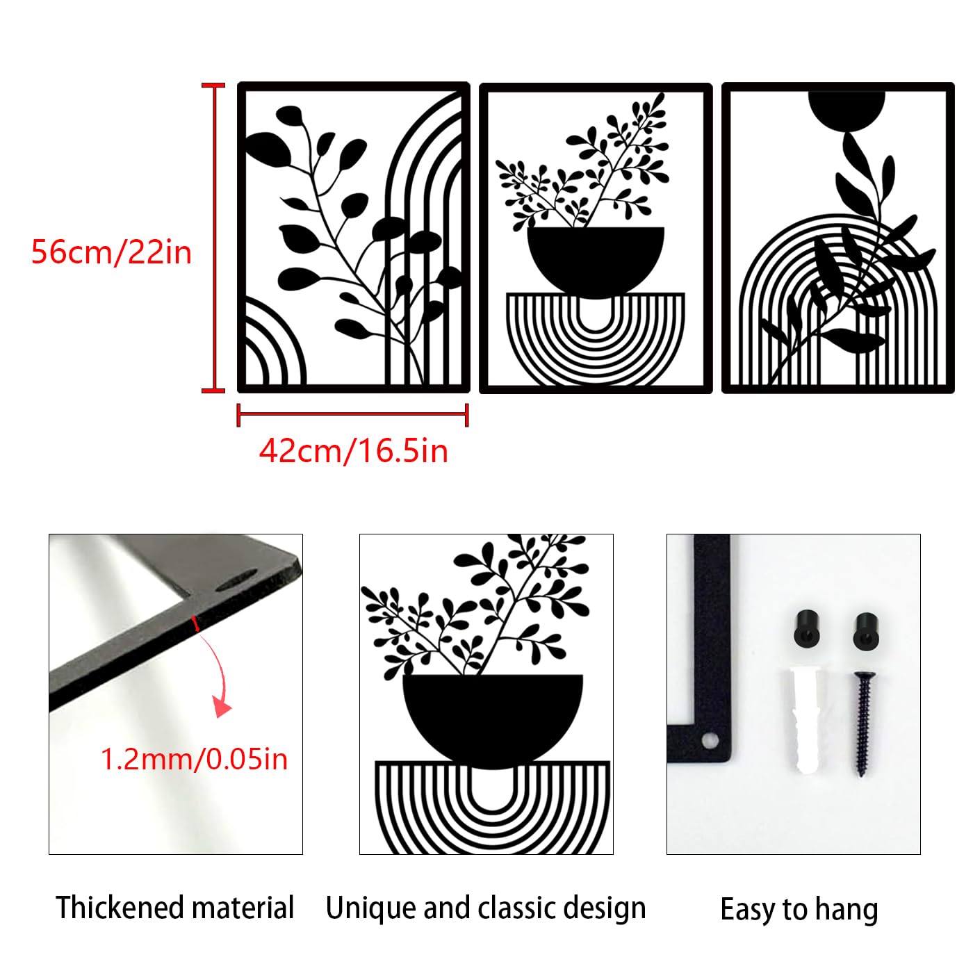 Pduoduo 3 Panels abstrakte Metall Boho Wanddekor, moderne geometrische schwarzes für Haus Schlafzimmer Wohnzimmer (22 * 16.5in)