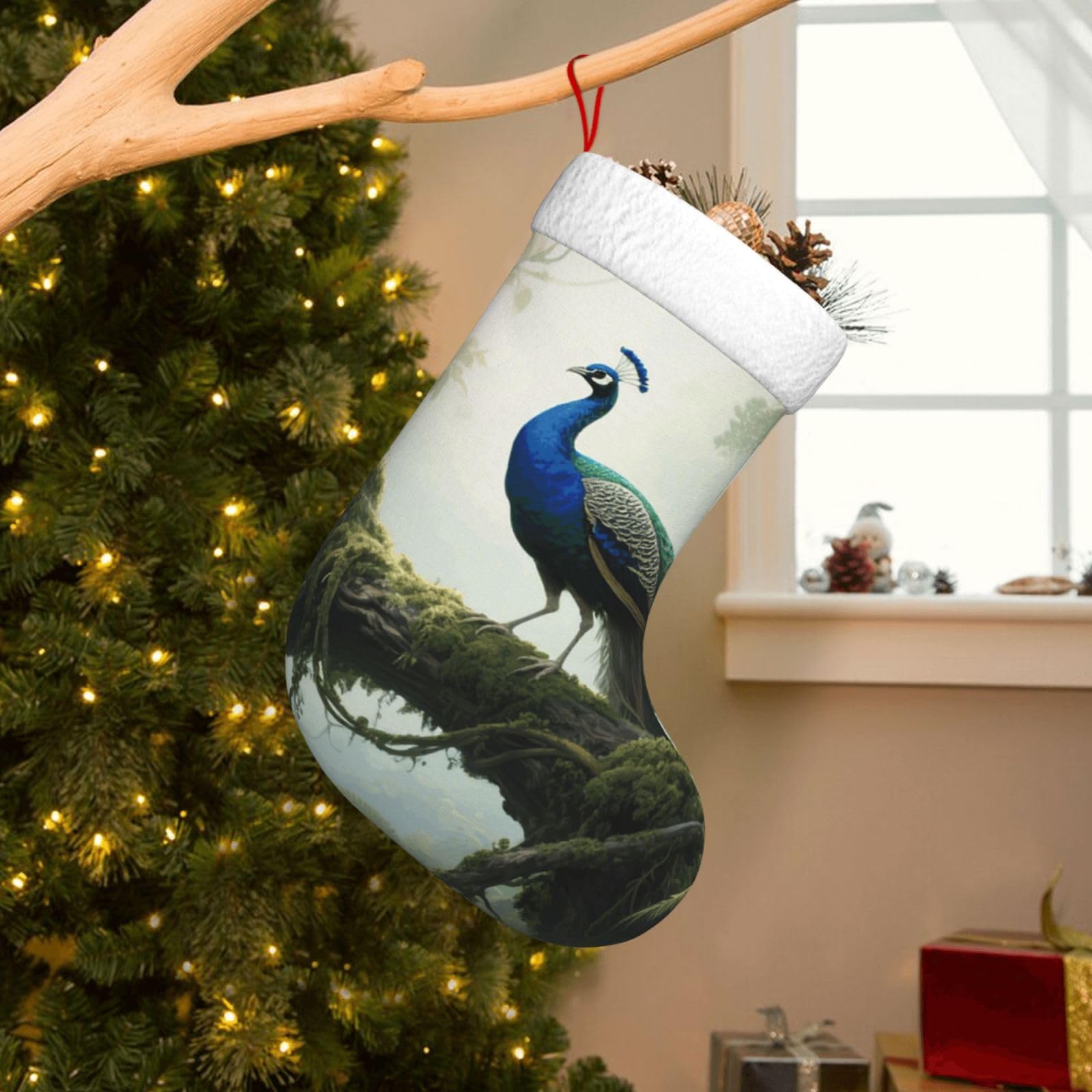 Velvet Christmas Stockings 17.7 Inch, Forest Peacock Xmas Stocking with Soft Cuff,Classic Personalized Christmas Tree Decoration for Family Holiday New Year Party Supplies
