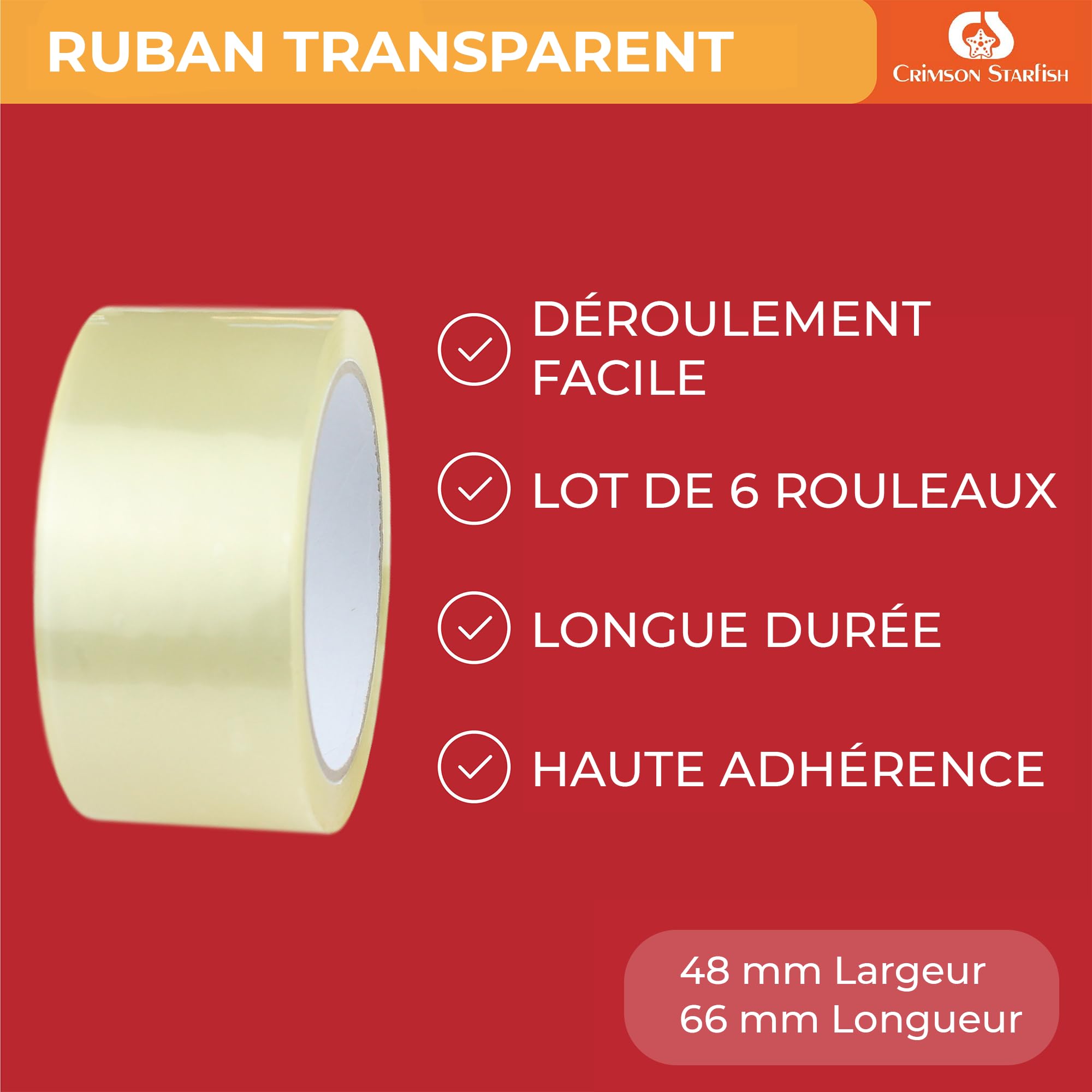 Ruban Adhésif Transparent 48mm x 66m 6 Rouleaux pour Colis Cartons Déménagement