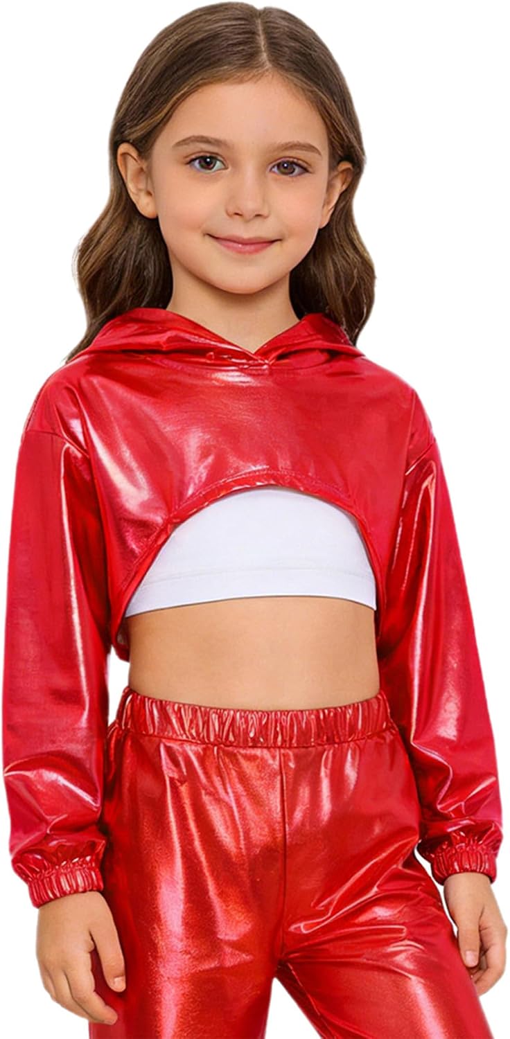 FEESHOW Kids Girls Metallic Jazz Hip Hop Dance Crop Tops Long Sleeve Cropped Hoodies Shiny Pullover Sweatshirt Club