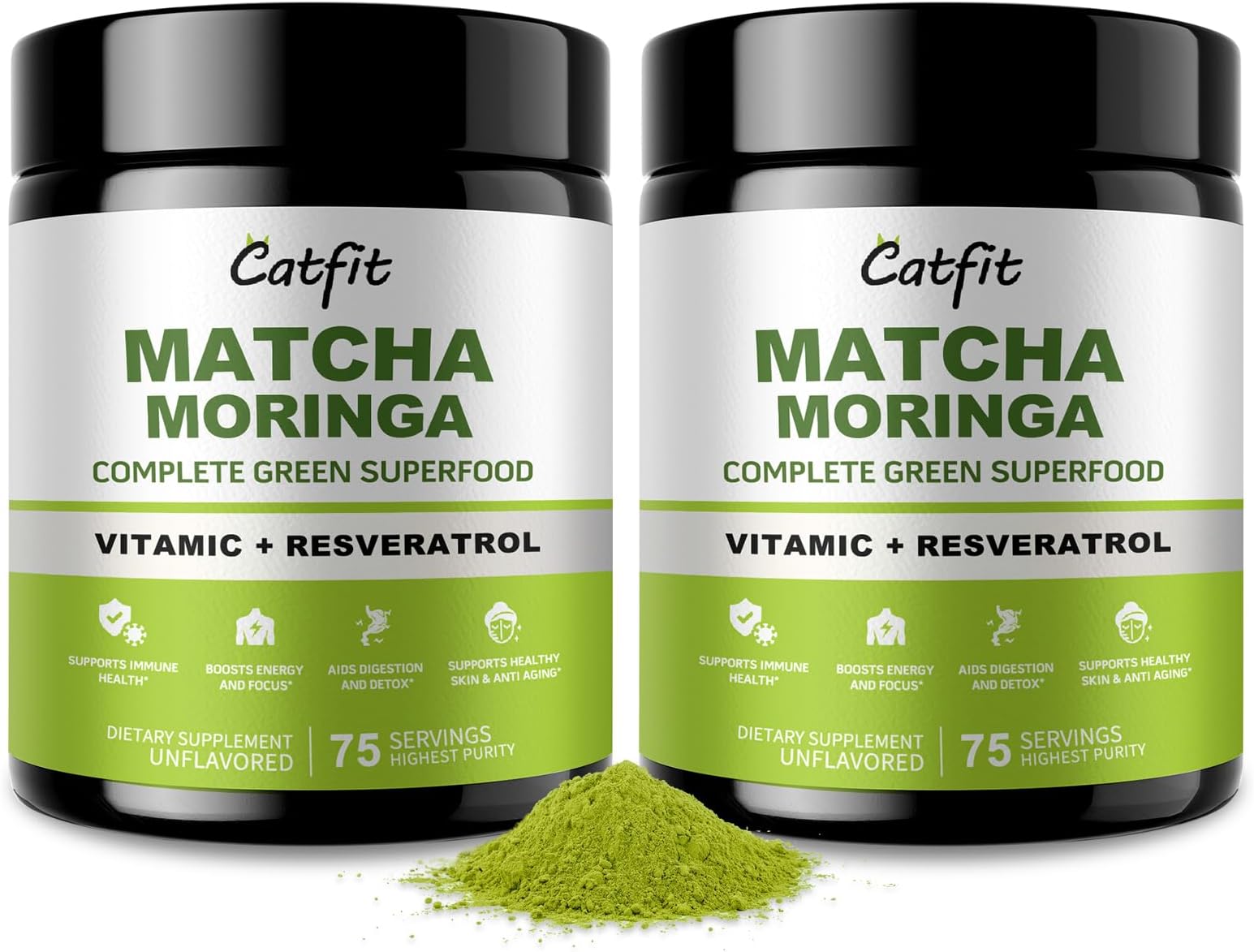 2 Pack Moringa Powder and Matcha Powder, 4 in 1 Superfood Blend with Green Tea and Resveratrol, for Energy, Immune, Digestion, and Antioxidant Support, Vegan, Gluten-Free, Moringa Supplement