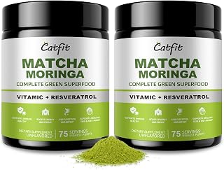 2 Pack Moringa Powder and Matcha Powder, 4 in 1 Superfood Blend with Green Tea and Resveratrol, for Energy, Immune, Digestion, and Antioxidant Support, Vegan, Gluten-Free, Moringa Supplement