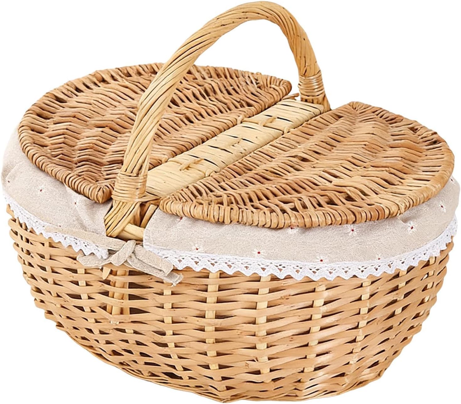 Wicker Picnic Basket,Rustic Multi-Purpose Lidded,Faux Wicker Organizing Basket - for Dining Room Kitchen Hiking Travel Camping Breads Drinks Snacks Fruits