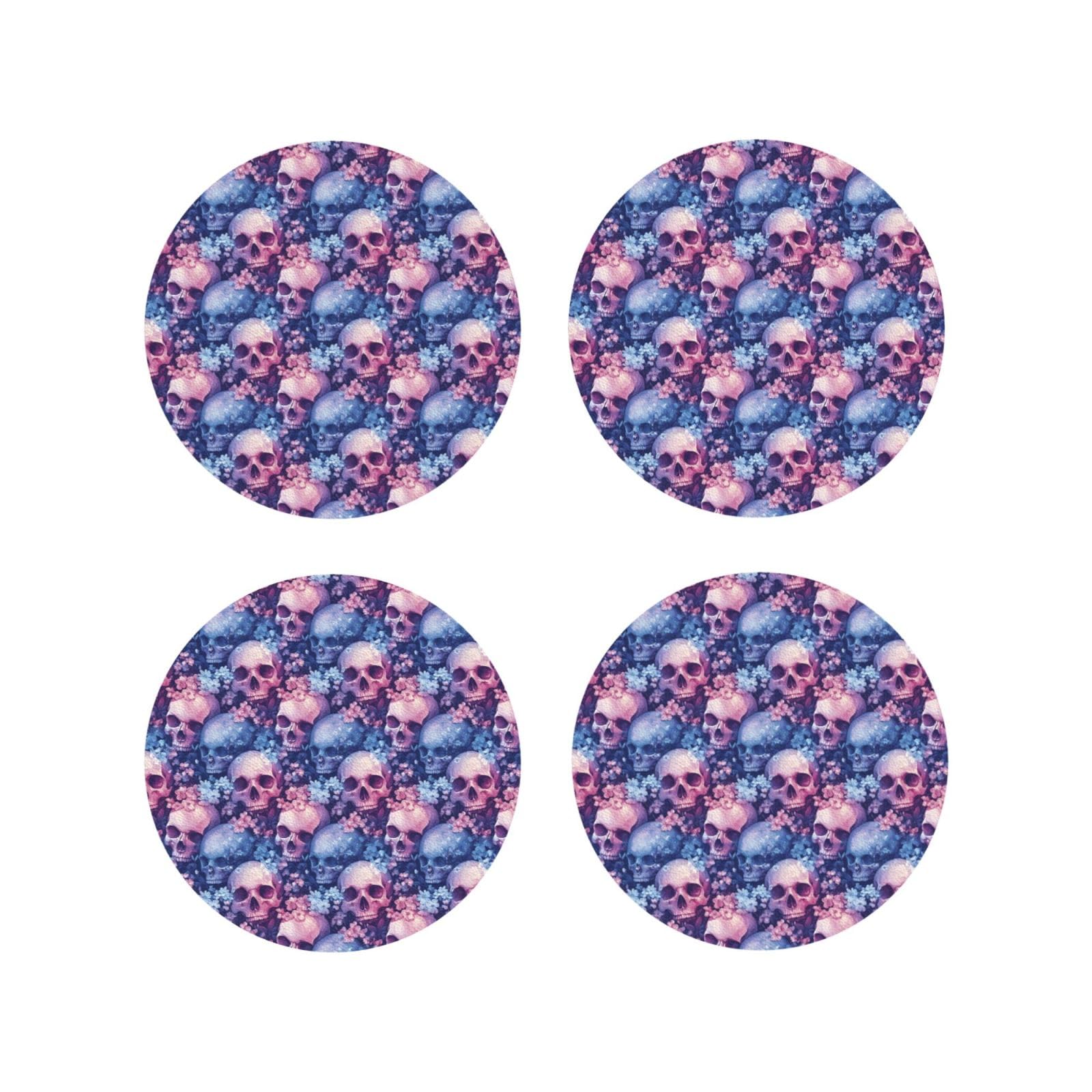 Leather Coasters Set of 4 - Romantic Flower Skull Print Lightweight Drink Coasters for Desk