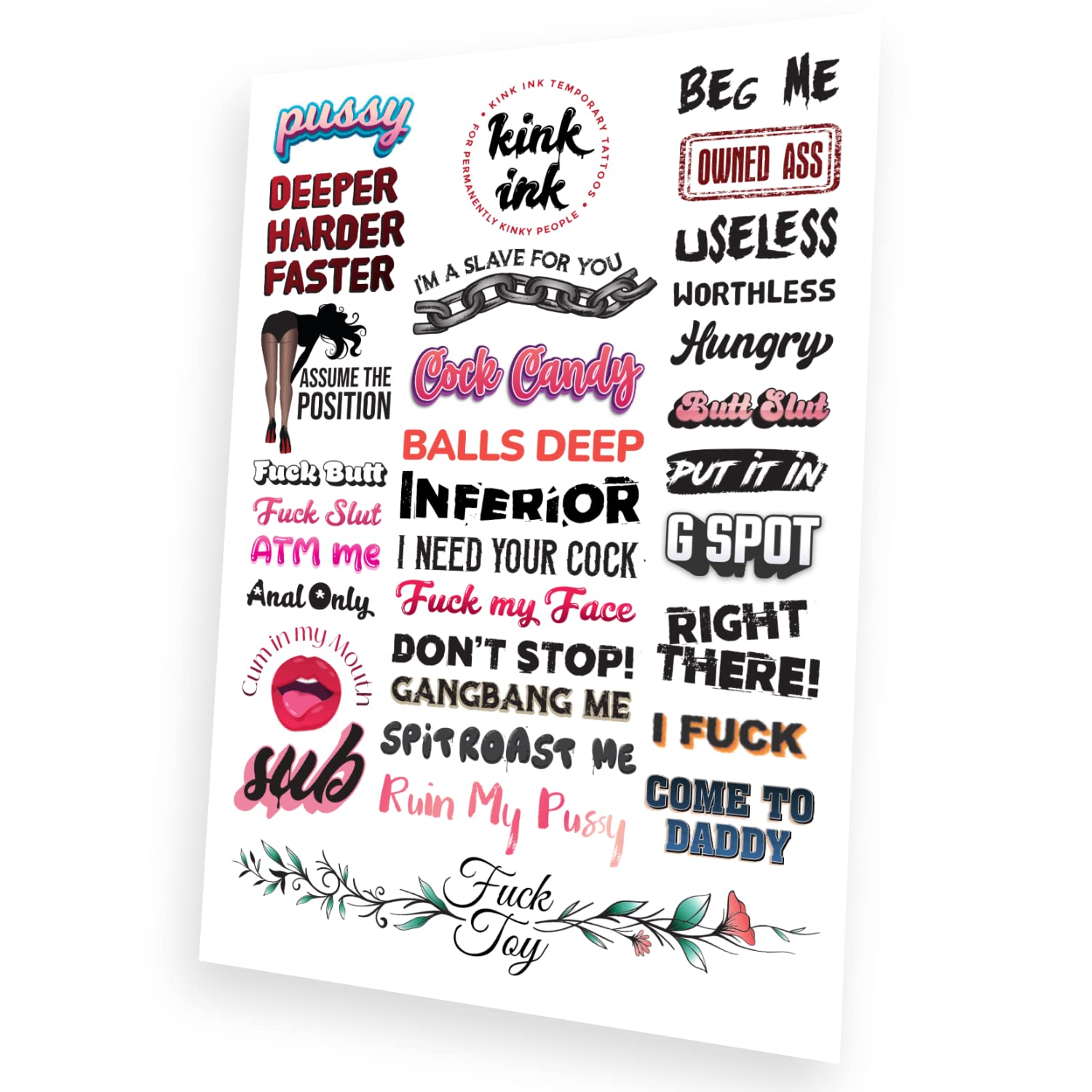 31 x Hardcore Words and Phrases Temporary Tattoo Kinky Sticker