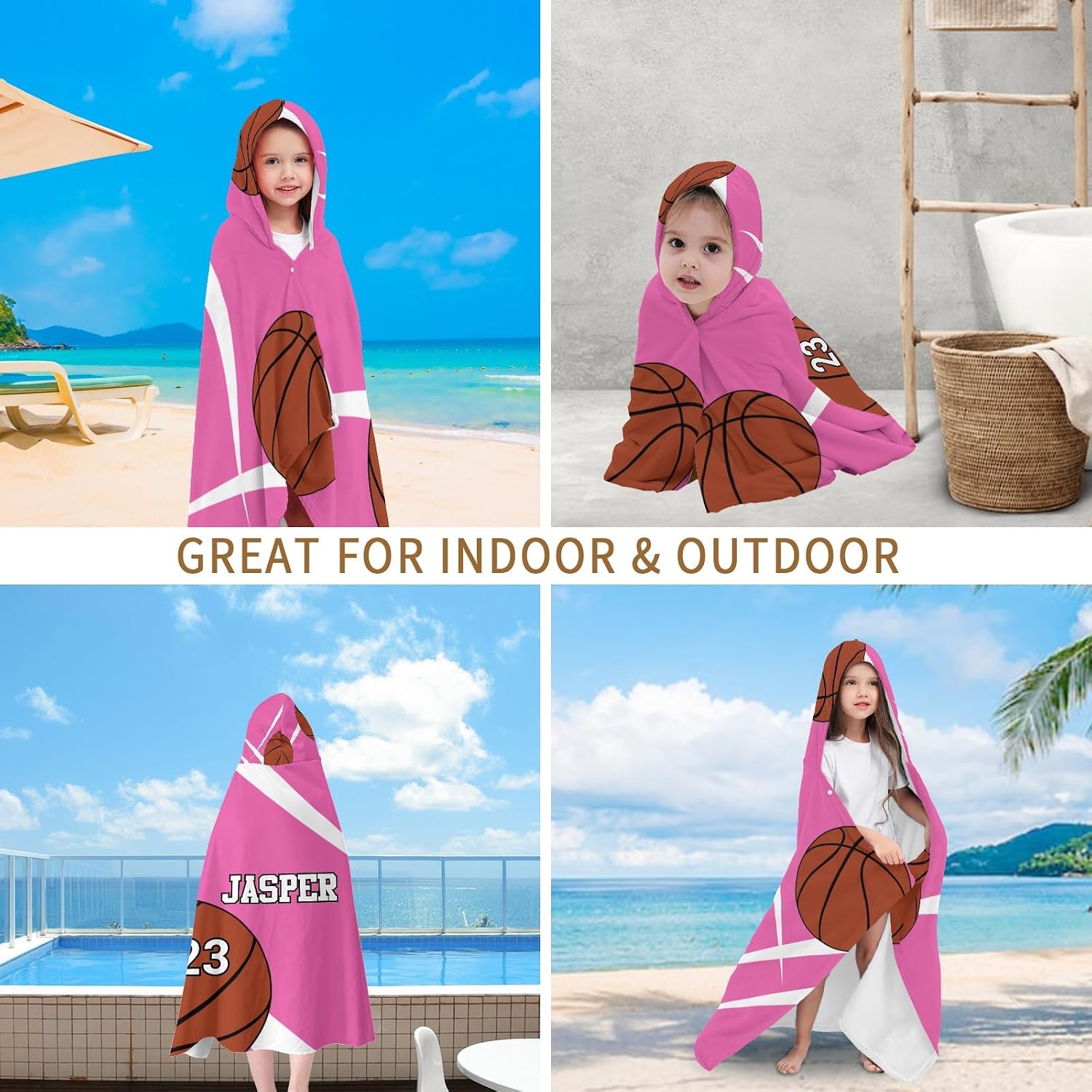 Sport Basketball Pink Personalized Hooded Towel Absorbent Wrap Soft Pool Beach Bath Towels Hood Poncho for 5-12 Years Kids Boys Girls