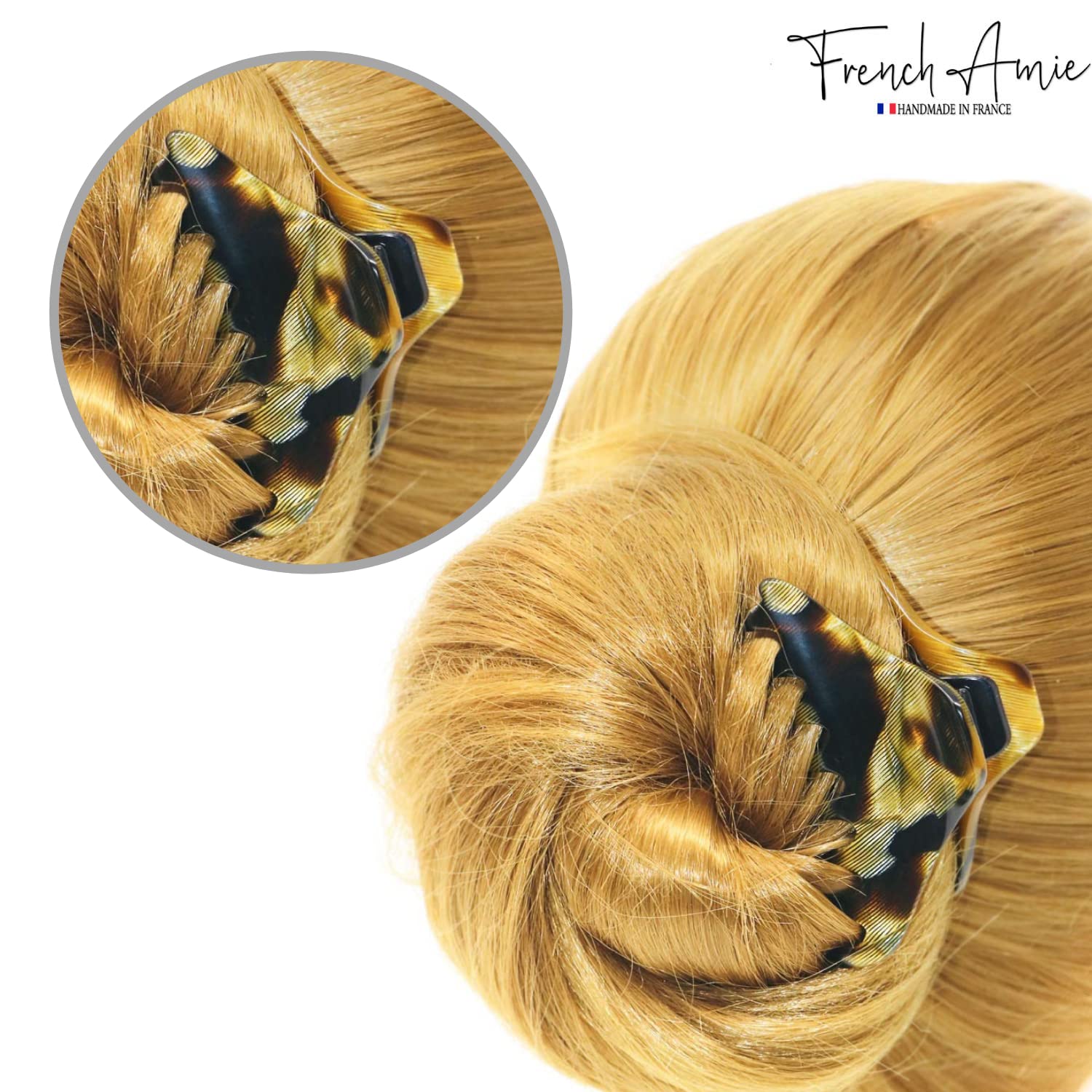 French Amie Thin and Narrow Captain Small Handmade Hair Claw with Inside Teeth and Covered Spring in Silver Shell Leopard Celluloid Jaw Hair Claw Clip Clamp Clutcher (Caramel) - Image 3