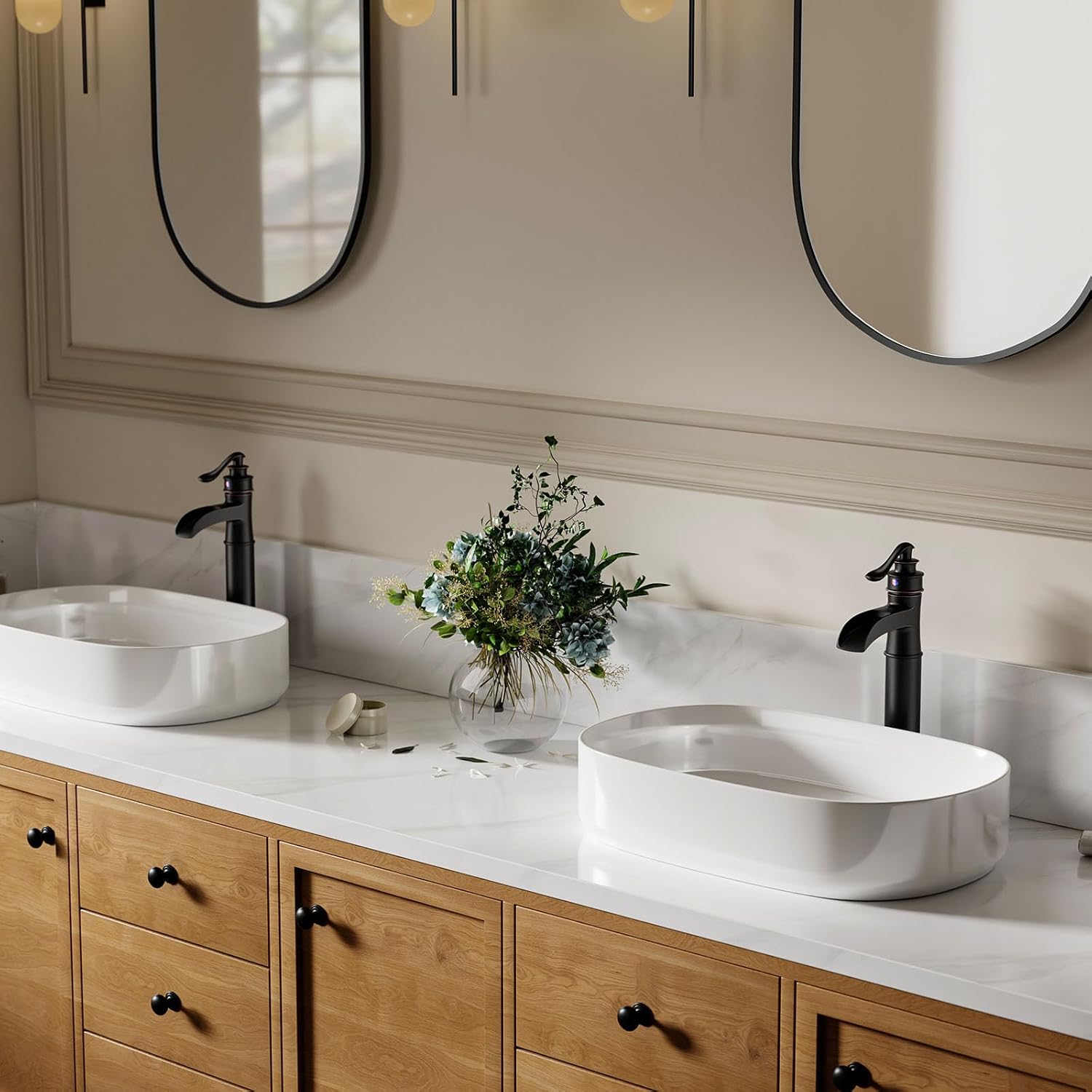 Oil Rubbed Bronze Bathroom Vessel Sink Faucet, Waterfall Tall Bathroom Sink Faucet, Farmhouse Single Hole Single Handle Bathroom Faucets Vanity Lavatory with Pop Up Drain and 2 Hoses