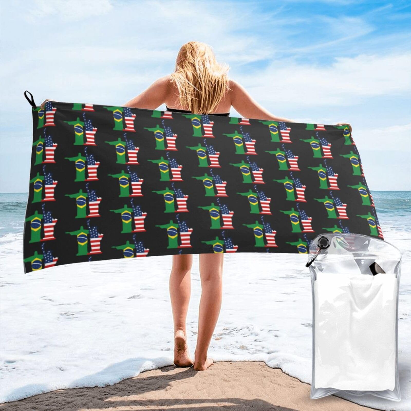 FHIZOAL America And Brazil Quick Dry Towel Microfibre Towel Super Absorbent Ultra Compact Gym Sports Beach Camping Travel