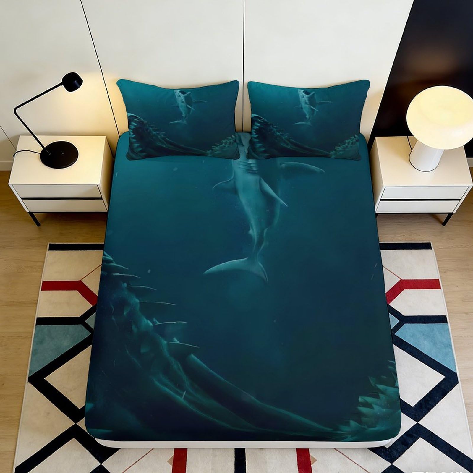 3D Printed Deep Ocean Shark Fitted Sheet Microfiber Soft Machine Washable Marine Predator Bed Cover for Bedroom Guest Room Decor 90x200x25cm