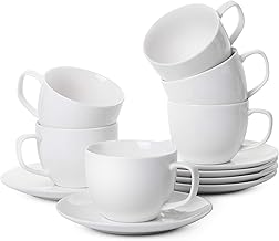 BTaT- Tea Cups and Saucers, Set of 6 (8 oz), Cappuccino Cups, Coffee Cups, White Tea Cup Set, British Coffee Cups, Porcelain Tea Set, Latte Cups, Espresso Mug, White Cups
