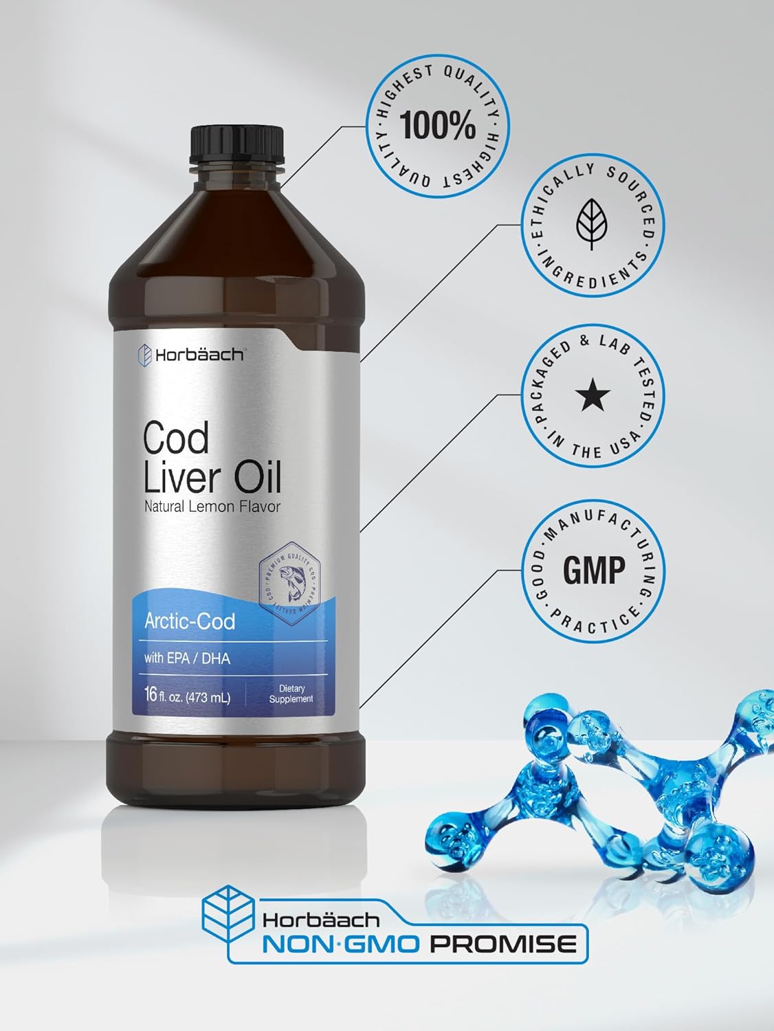Horbäach Arctic Cod Liver Oil with EPA/DHA | 2 x 16 fl oz | Natural Lemon Flavor | Non-GMO & Gluten Free Liquid Supplement - Image 5