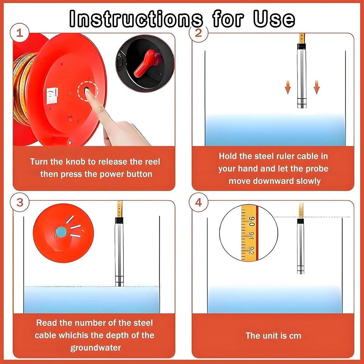 Medidor De Inmersión para Pozos,Indicador De Pico 10m | Rango De Medición Ajustable 10–300 M,Sonda Fija De Acero Inoxidable,Cinta De Acero Resistente,Señal Luminosa Y Aviso Acústico