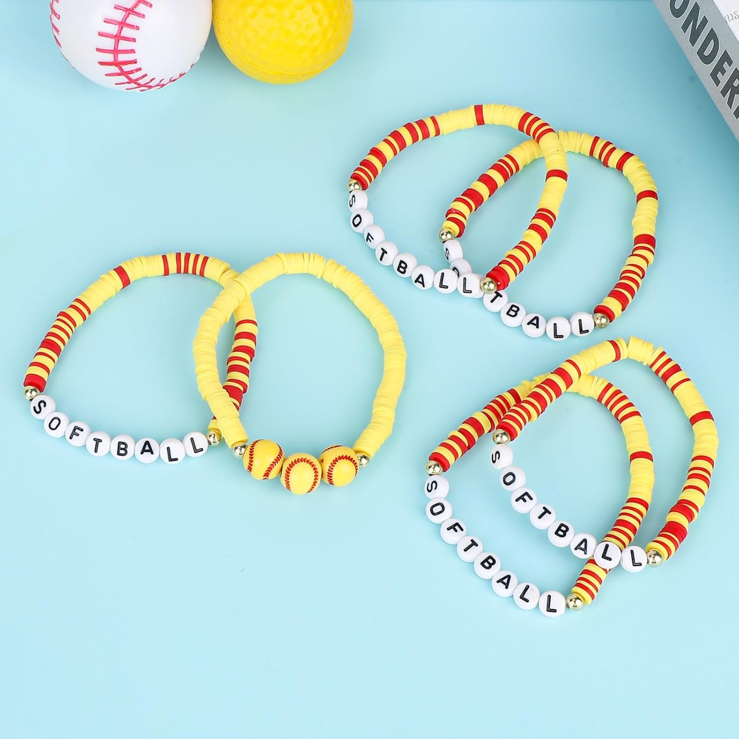 24 Pack Softball Clay Beaded Bracelets, Stretchy Sports Charm Bracelets Bulk Party Favors Decorations Accessories for Women Men Adults Players Coaches Teams Fans Jewelry Gifts (Yellow, Red)