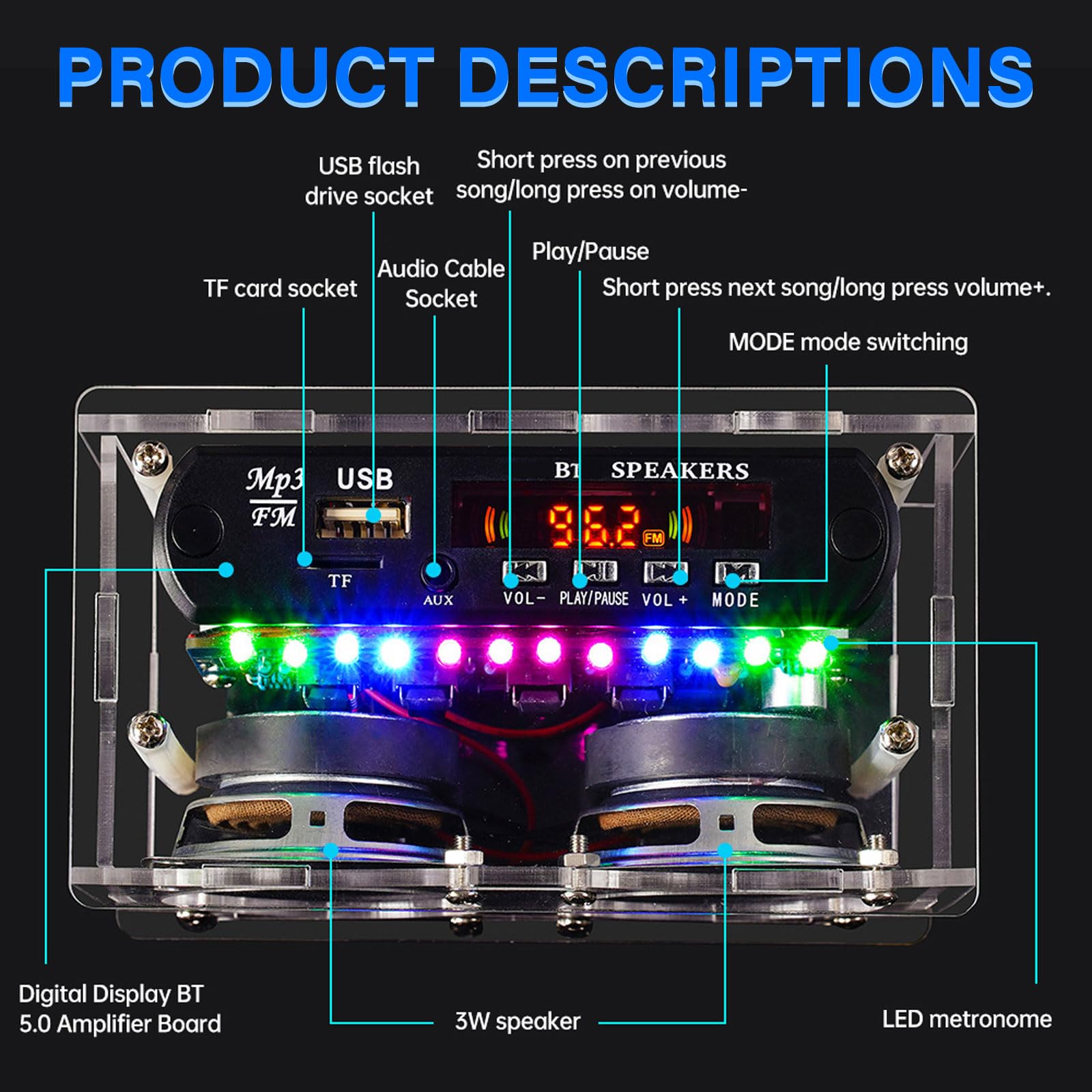 Heemol Kit de montage de haut-parleur, amplificateur Bluetooth et kit de soudure pour radio 87,5-108 MHz avec écran LCD, affichage du spectre et télécommande pour soudure électronique.