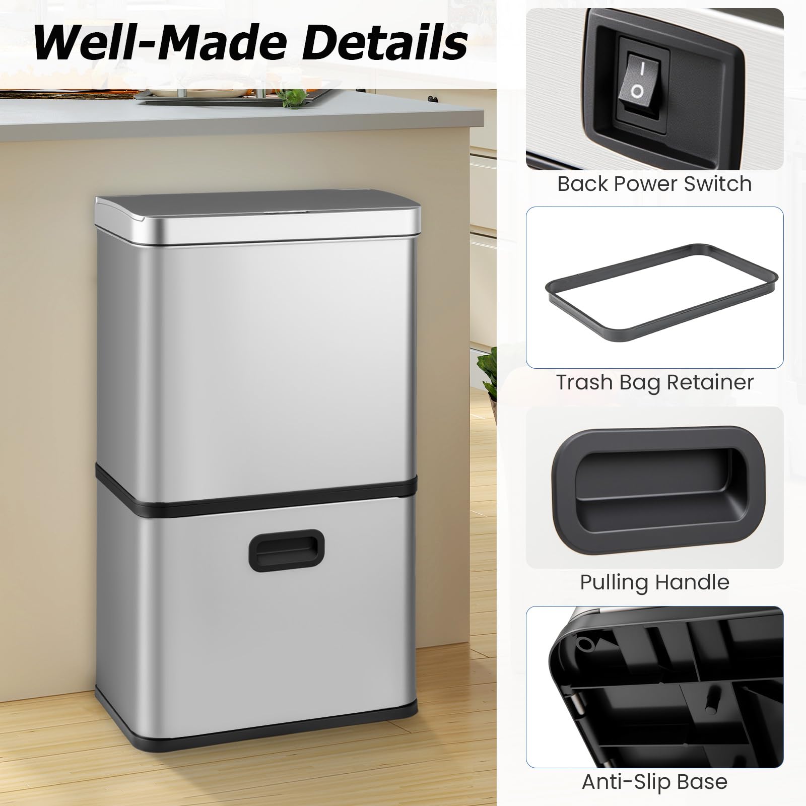 LIFEZEAL 56L - Papelera de Acero Inoxidable con Sensor, Cubo de Basura con 2 Bandejas Extraíbles y Tapa de Mantenimiento Abierto y Cierre, Sin Contacto para Interior, Cocina, Salón (Plata)