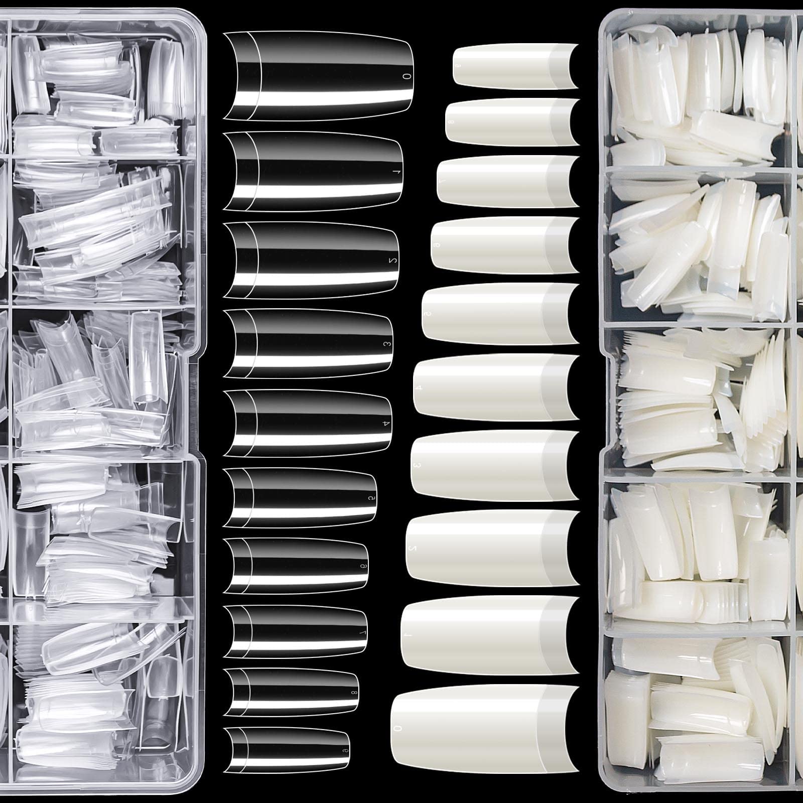 Excefore 1000PCS Half Cover False Nails Tips, 10 Sizes Lady French Style Acrylic Artificial Tip Manicure with Box for Nail Tips Art Salons and Home DIY (Natural+Clear)