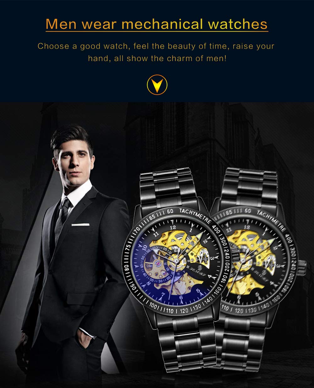 Herren Automatikuhr Herren mechanische Automatik-Uhr schwarz mit Edelstahl Metallarmband