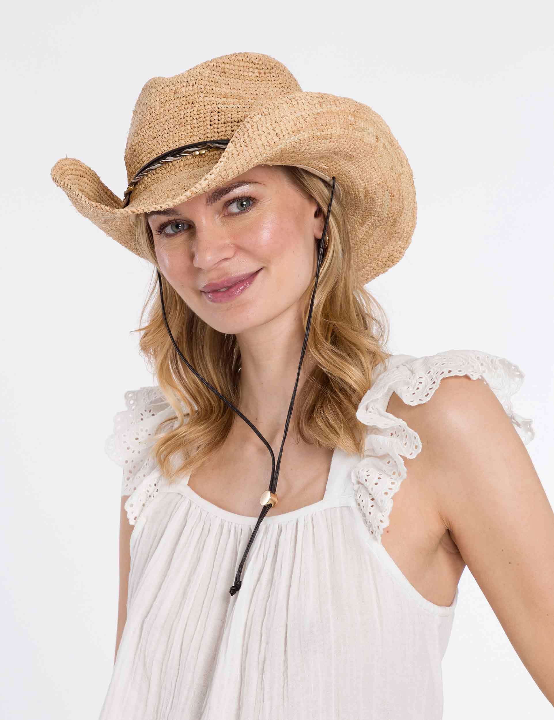 LOEVENICH formbarer Raffia Damen Cowboy Hut mit Kinnband aus veganem Leder in One Size White Pepper
