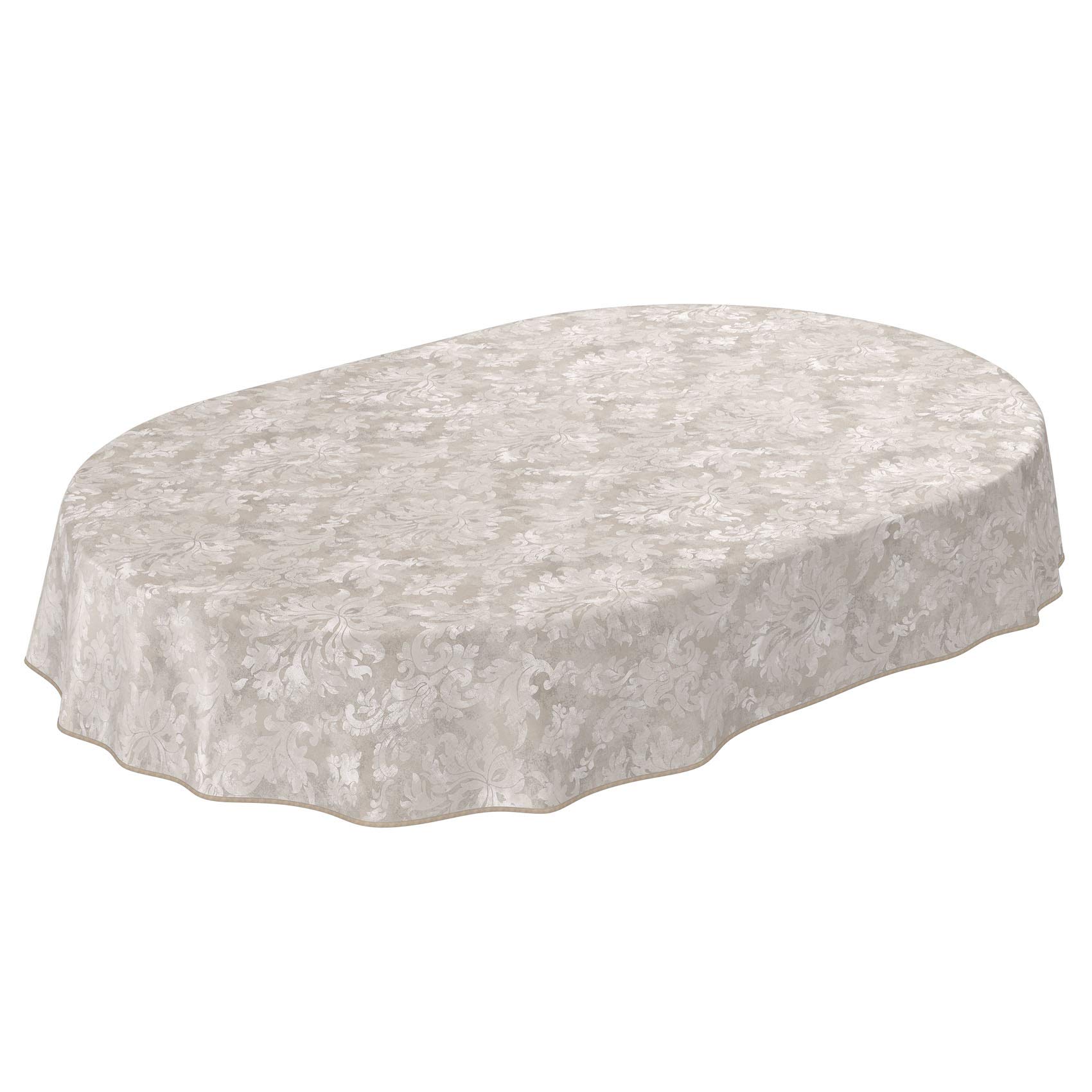 Nappe en Toile cirée Lavable pour Le Jardin, de Forme Ronde, Ovale ou rectangulaire, pour l'intérieur et l'extérieur, Motif Baroque vrillé, Beige-Gris Clair, Ovale, 240 x 140 cm, avec Ourlet, Bordure