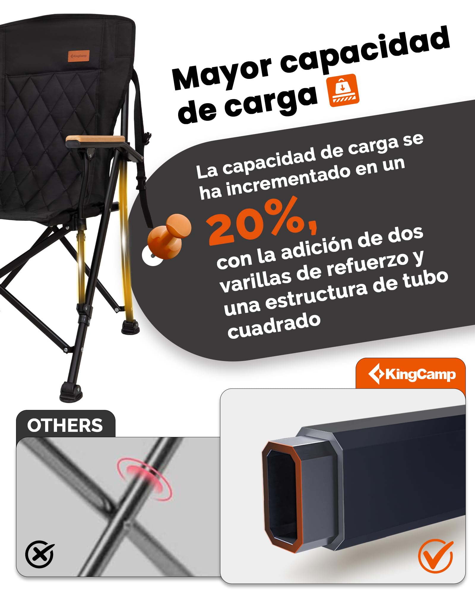 KingCamp Silla de Camping Plegable 136kg, Respaldo Alto, Acolchada | XXL Silla Plegable, con Brazos de Madera, Doble Acolchado, Portavasos, Bolsa de Transporte, para Camping, Jardín y Pesca.