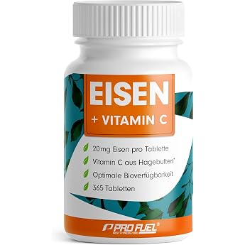 Iron Tablets High Dose 365x with 20 mg Iron + Vitamin C 20 mg from Rose Hips - Bioavailable Iron Bisglycinate + Natural Vitamin C from Rosehip Extract - Laboratory Tested with Certificate