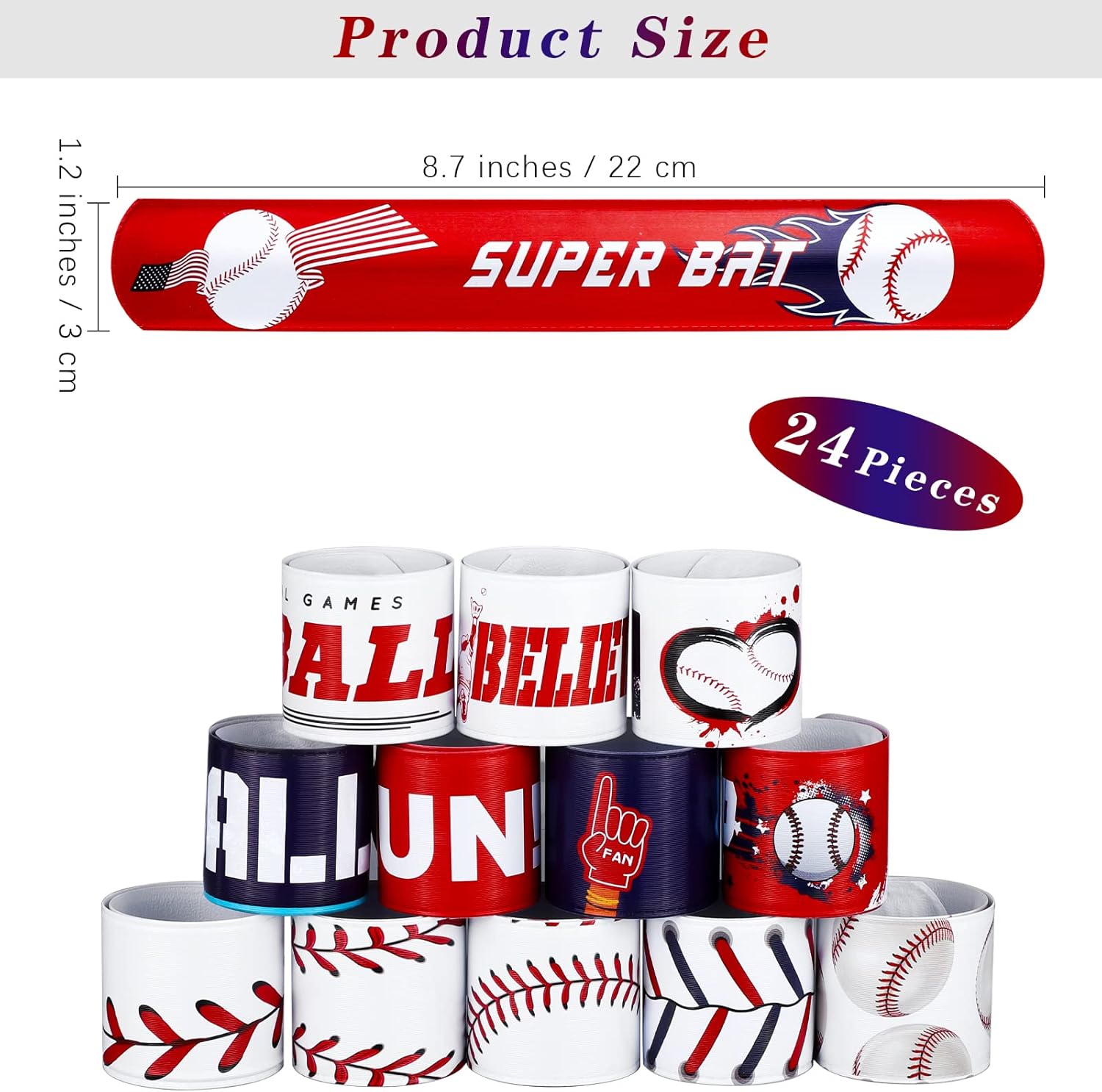 durony 24 Pieces Baseball Snap Bracelets Wristbands Sports Slap Bracelets for Sports Party Favors Classroom Prizes Birthday Gifts, Baseball Elements - Image 2