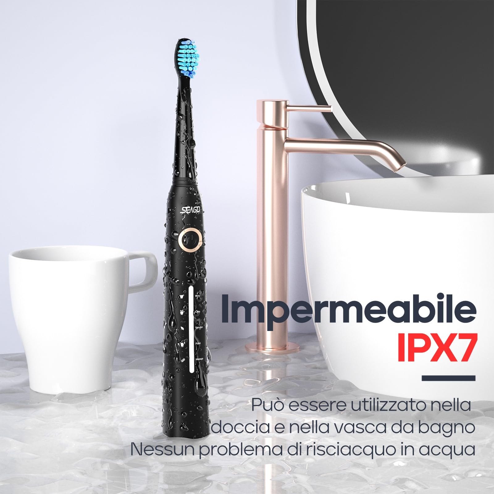 Seago Spazzolino Elettrico Spazzolino Da Viaggio Spazzolini Elettrici Per Adulti e Bambini 8 Testine Spazzolino 5 Modalità Spazzolino Da Denti Ricaricabile SG-958 (Nero)